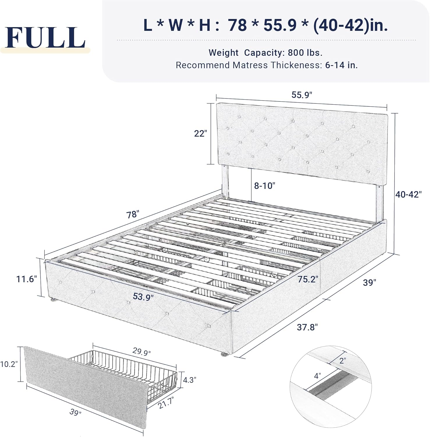Allewie Upholstered Queen Size Platform Bed Frame with 4 Storage Drawers and Headboard wourant