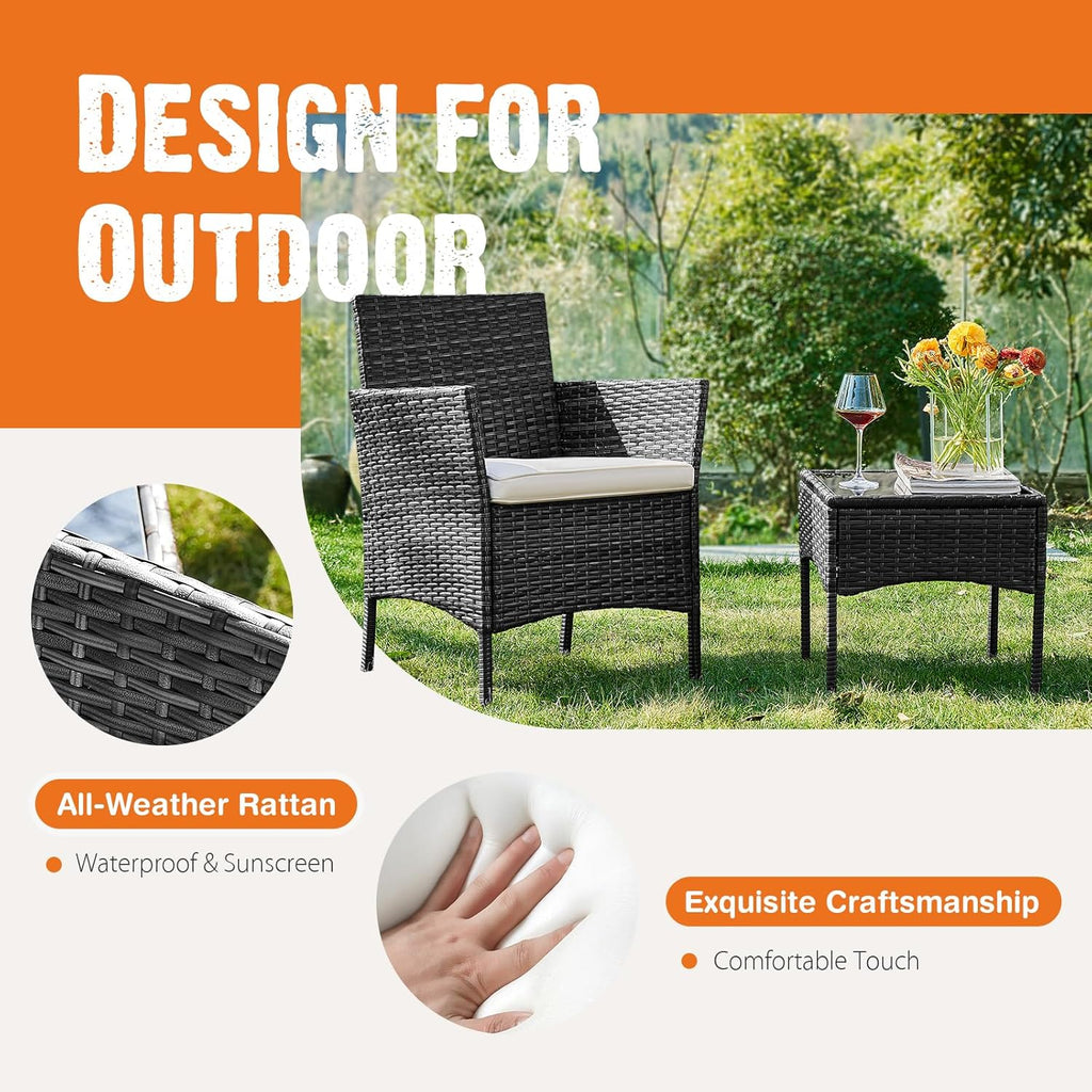 Sweetcripy Patio Furniture Set 3 Pieces, Outdoor Furniture with Soft Cushion and Glass Table, All Weather Manual Weaving Wicker Rattan Patio Chairs for Garden, Terrace, Porch(Black and Beige) wourant