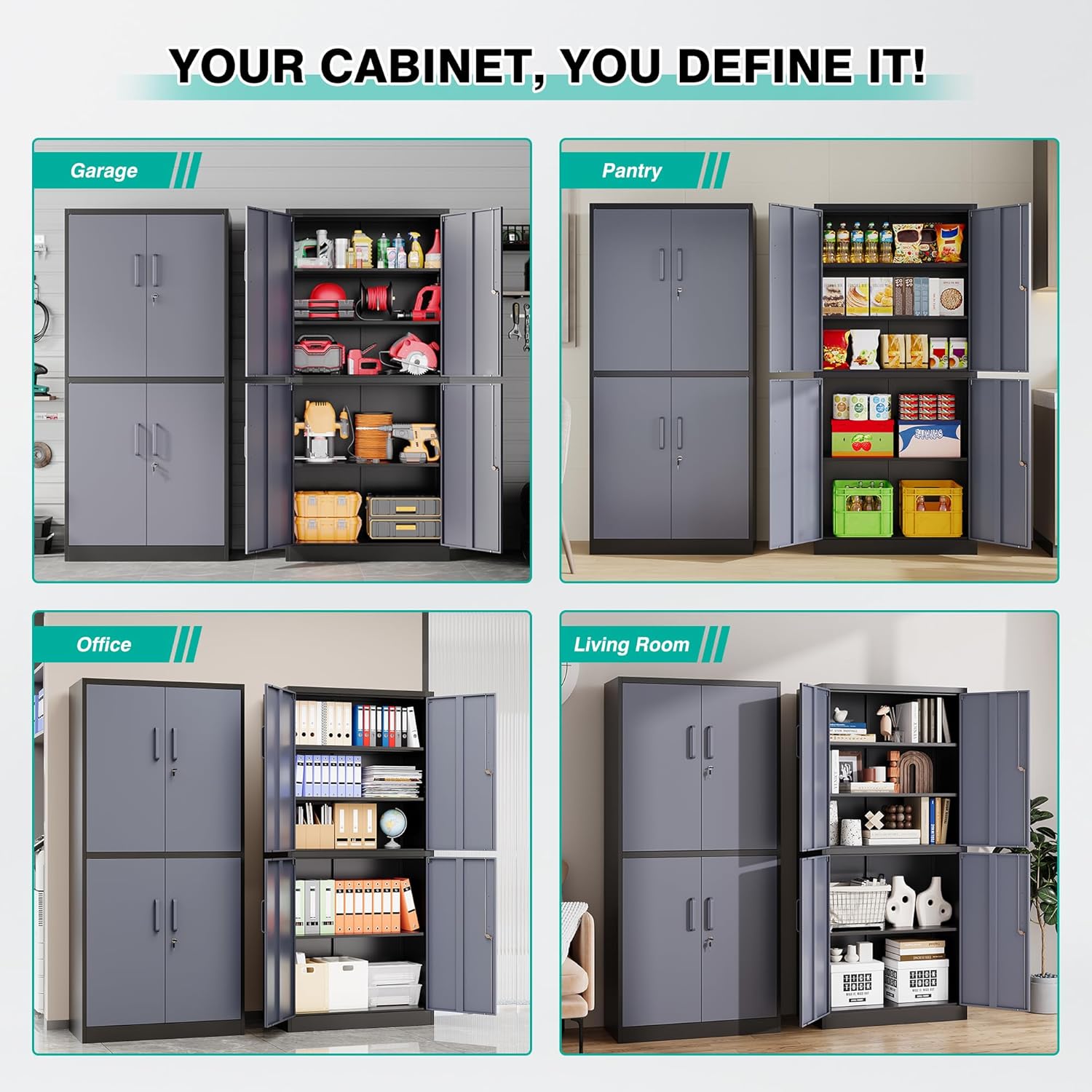 Metal Storage Cabinet with 2 Doors and 6 Shelves, Black Metal Cabinet with Lock, 71 Inch Lockable Garage Storage Cabinet wourant