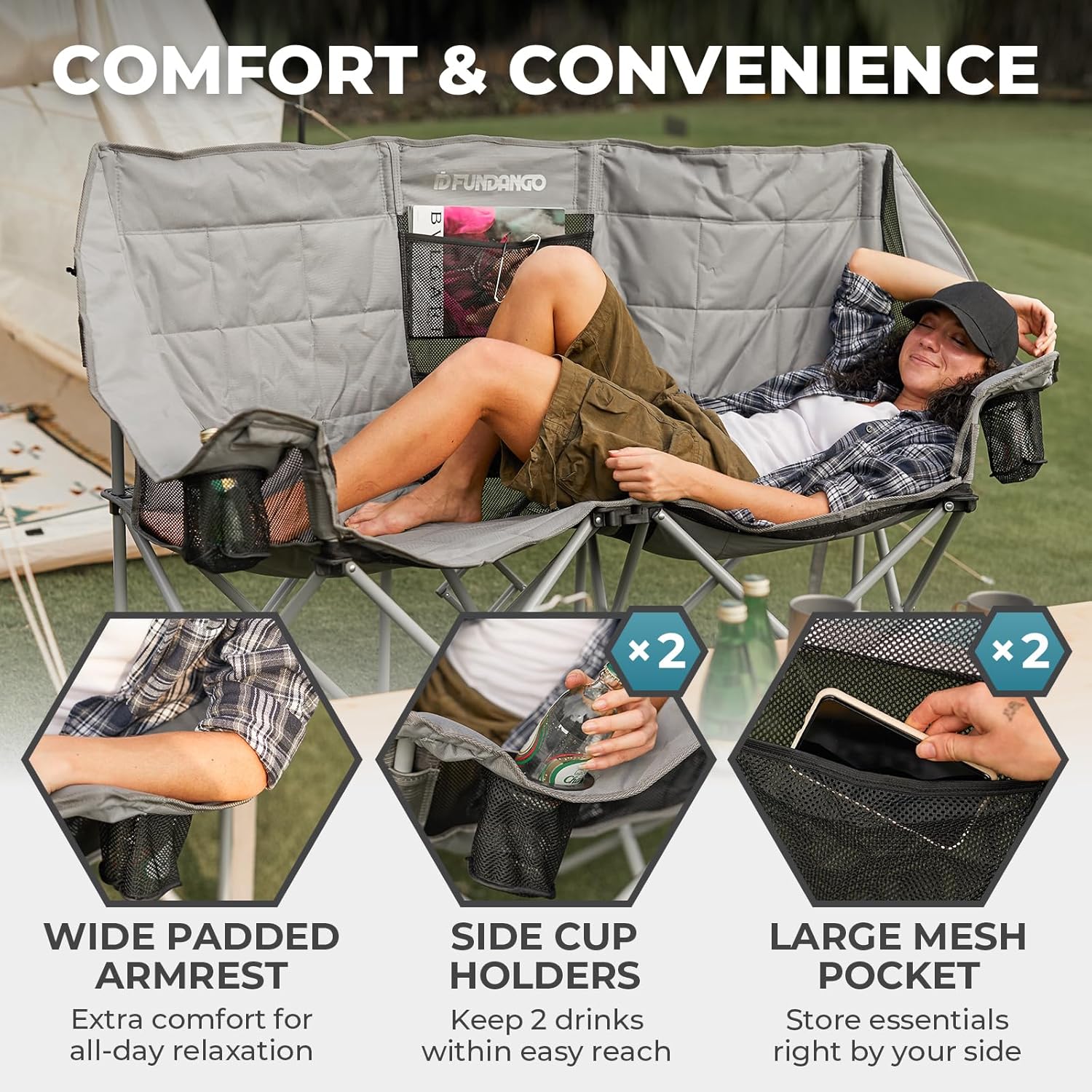 Double Camping Chair with Cooler 3-Person Folding Extra Large Camping Chair with 1000-Pound Load Capacity wourant