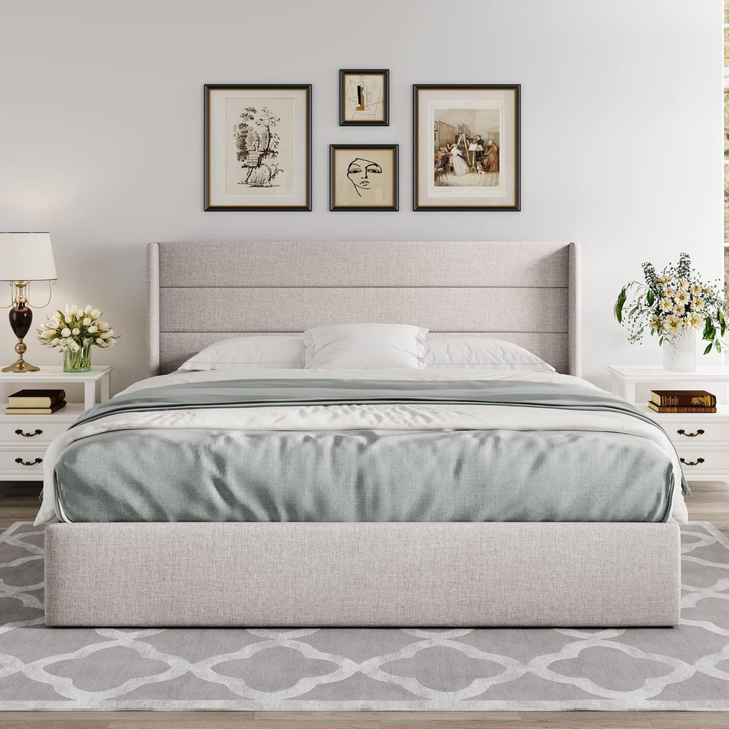 Allewie Queen Size Lift Up Storage Bed Modern Wingback Headboard Hydraulic Support wourant