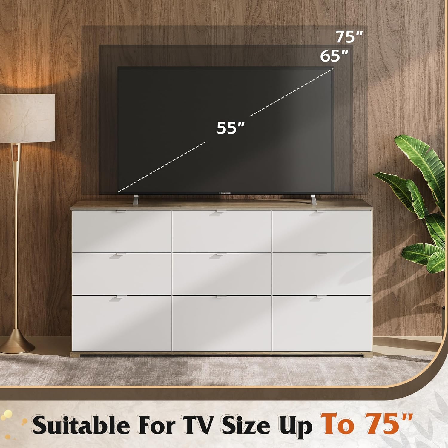 9 Drawer Led Dresser for Bedroom, 58.35'' Wide Wood Dresser Storage Organizer with Power Outlets for 65'' TV, Dressers with Open Shelves wourant