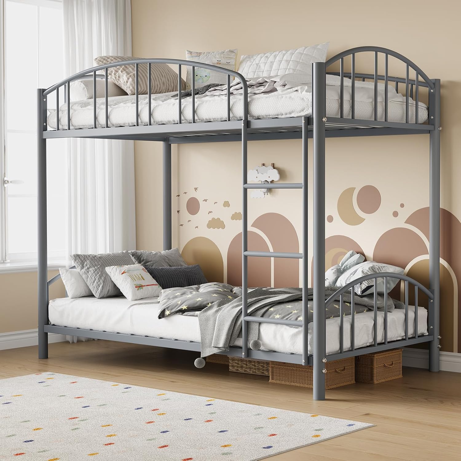 GarveeHome Metal Bunk Bed Twin Over Heavy Duty Bunkbeds Frame Arched Guardrail Safety Ladder wourant