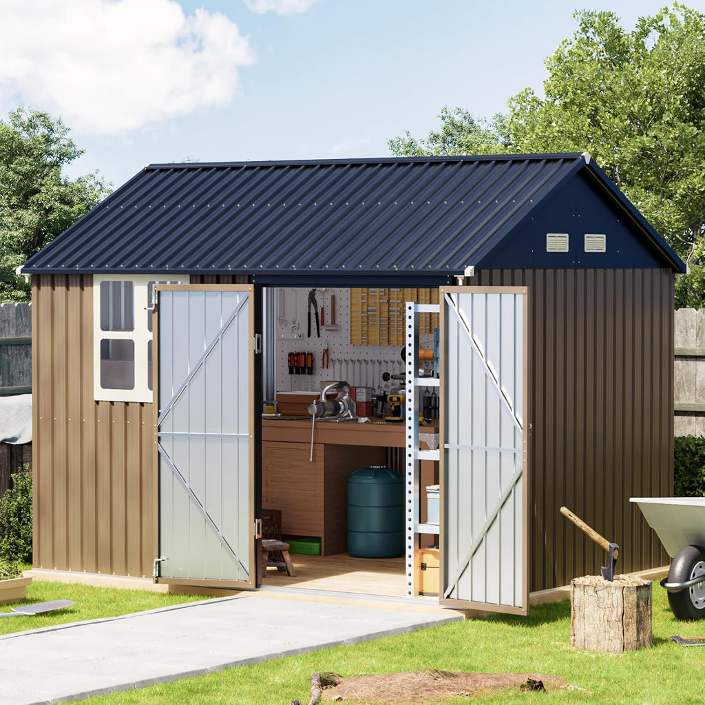 Breezz Outdoor Storage Shed 10 x 12ft. Utility Tool Shed Metal Storage Garden Shed wourant