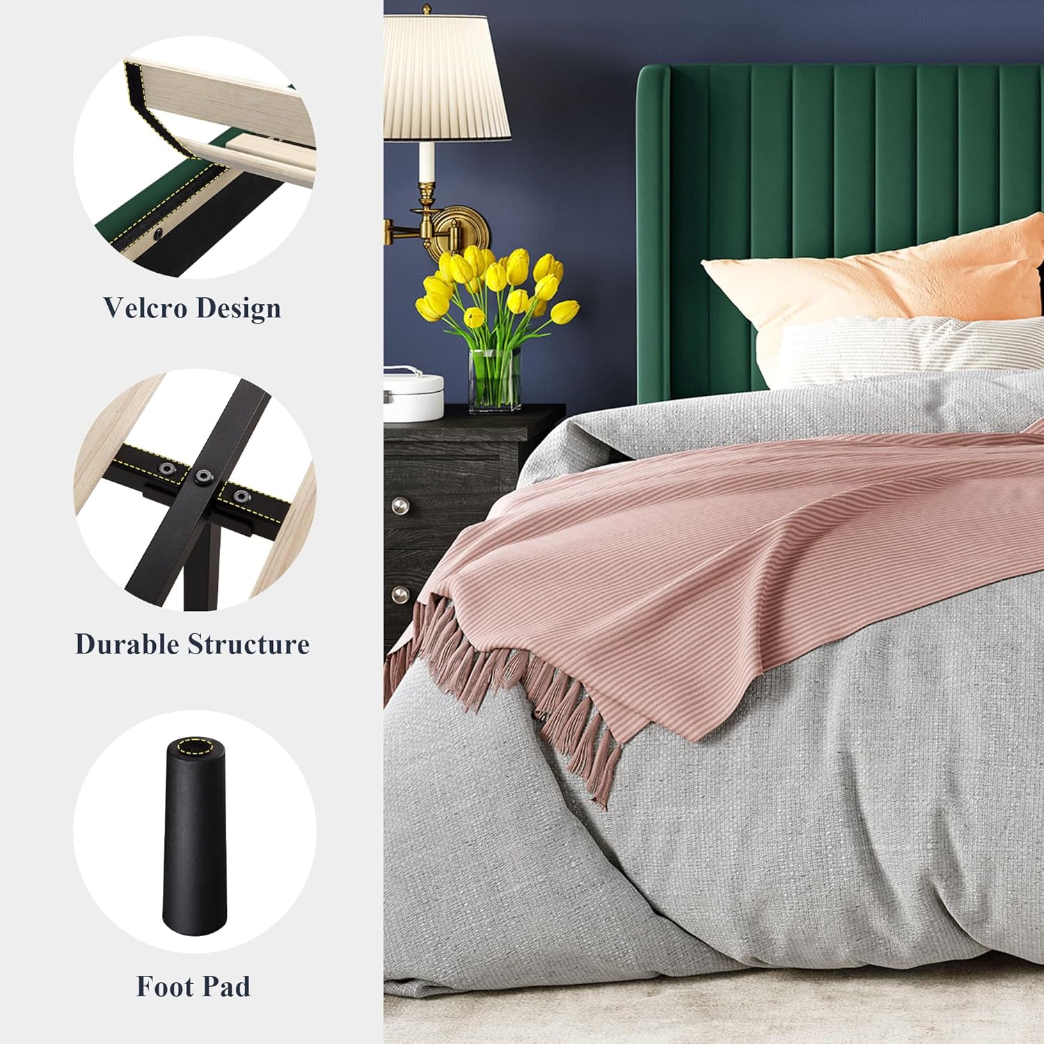 Allewie Full Size Velvet Bed Frame Vertical Channel Tufted Wingback Headboard Upholstered Bed wourant