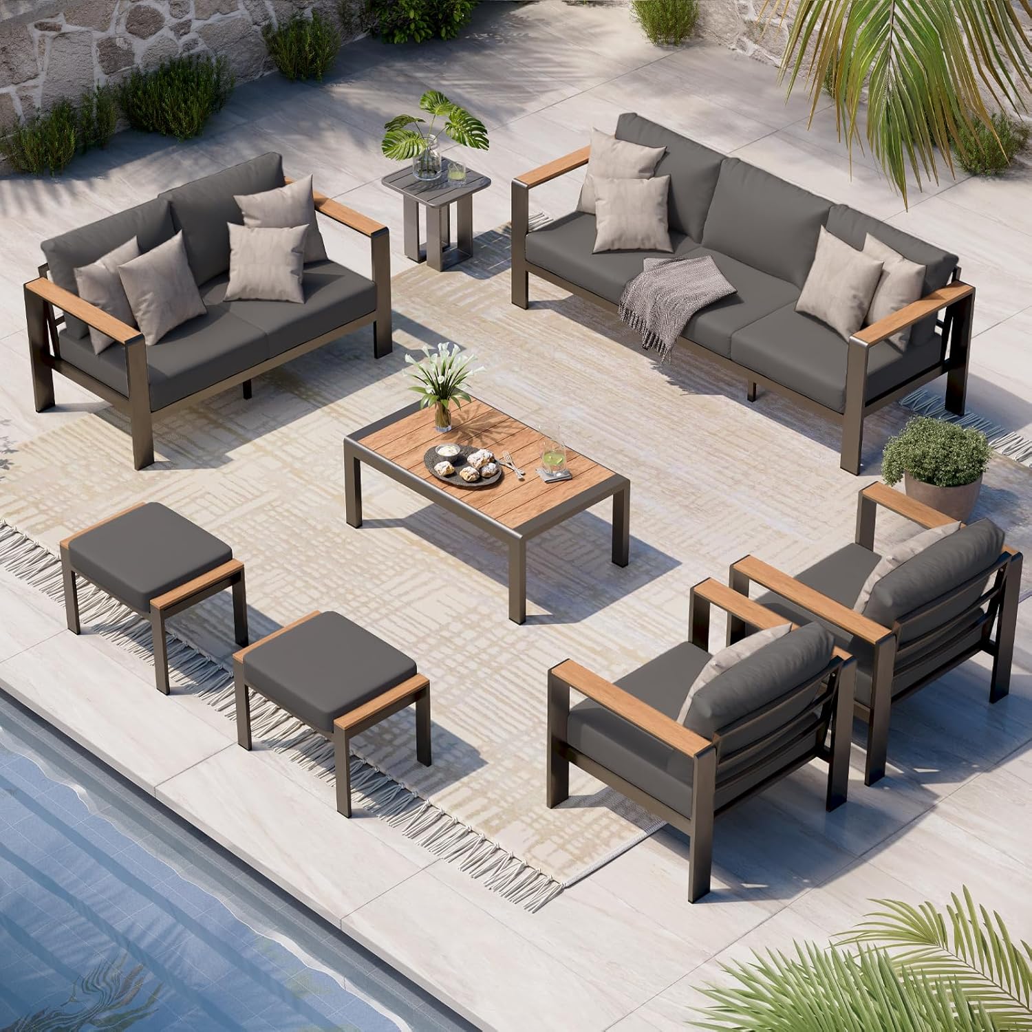 Aluminum Outdoor Patio Furniture Set with Coffee Table, 4 Piece Patio Conversation Sets with Washable Thick Cushions, Outdoor Sectional Furniture Set for Poolside, Balcony, Deck, Gray woonhhop