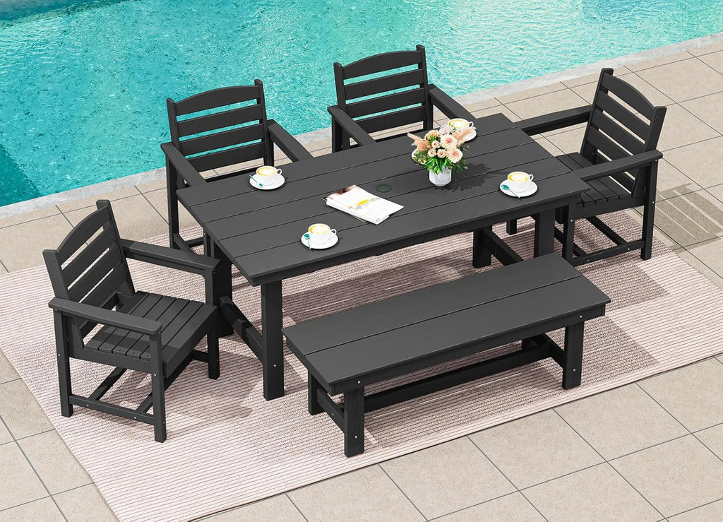 Outdoor HDPE Dining Table Set, 7-Piece Outdoor Dining Table Sets with Umbrella Hole Cut-Out Table and 6 Chairs wourant