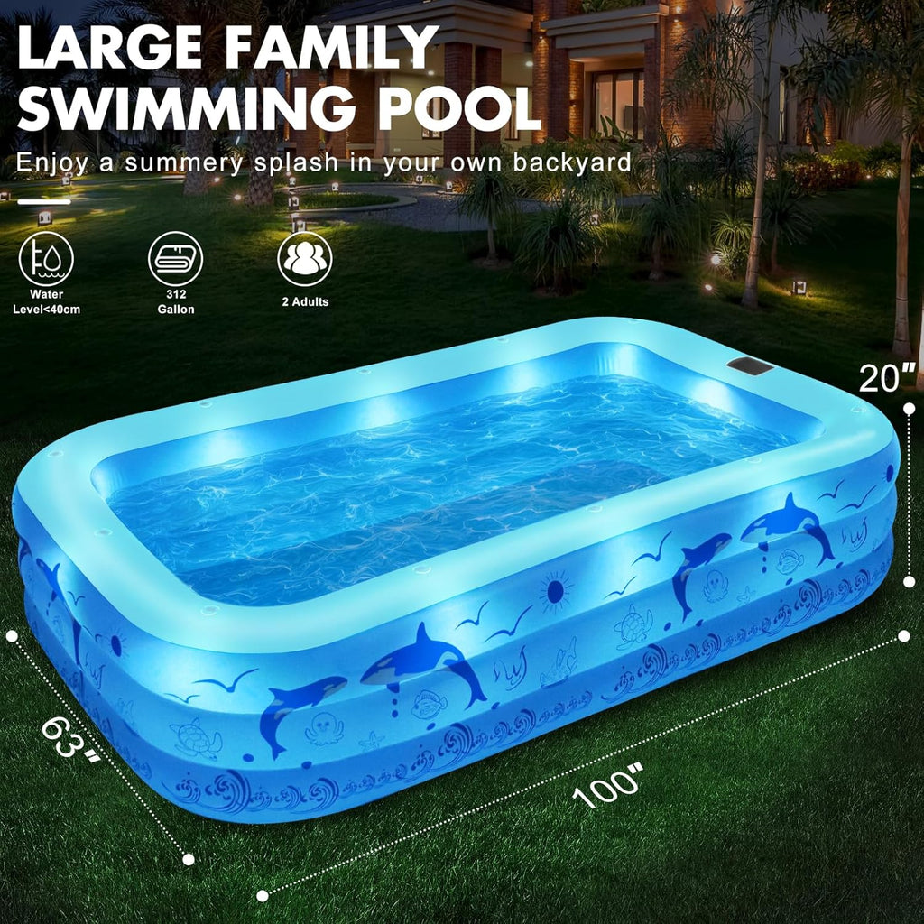 2026 Upgrade Inflatable Pools with Lights, Inflatable Swimming Pools for Adults, Blow Up Pool Solar, Large Pool, Durable Thickened Inflatable Pool for Backyard- Light Blue woonhhop