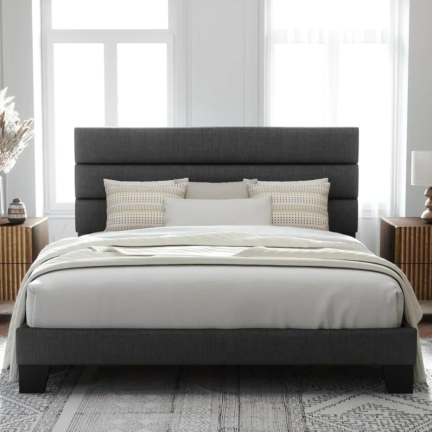 Allewie King size platform bed frame with velvet upholstered headboard and planks wourant