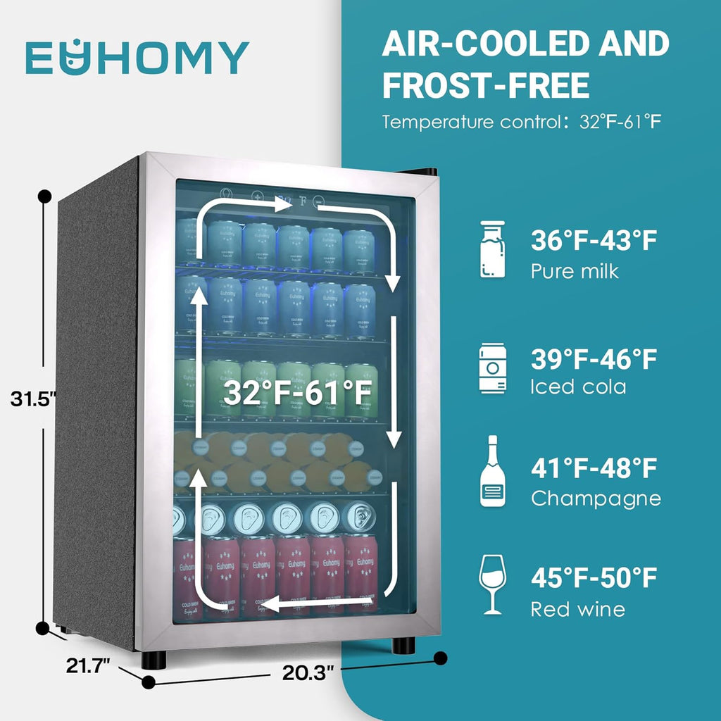 EUHOMY Beverage Refrigerator Cooler, 130 Can Mini Fridge with Glass Door for Soda Beer or Wine, Beverage Cooler for Home, Office, Bar with Adjustable Removable Shelves, Silver wourant