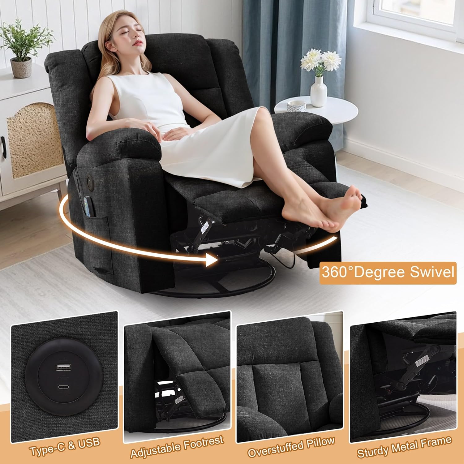 Rocker Recliner, Glider Recliner Chairs for Adults, 360° Swivel Rocking Chair with Massage and Heating, Nursery Chair with Storage and USB Charging for Living Room, Bedroom, Nursery wourant