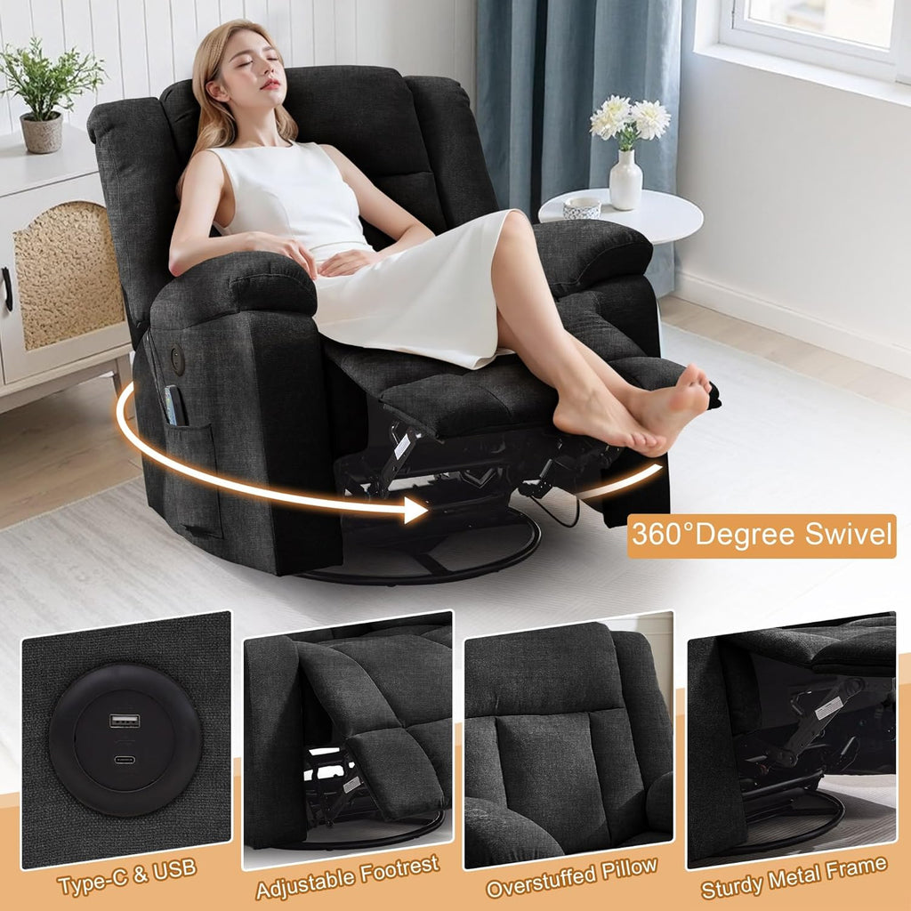 Adult rocking chair, gliding recliner, 360° rotating rocking chair with massage and heating function wourant