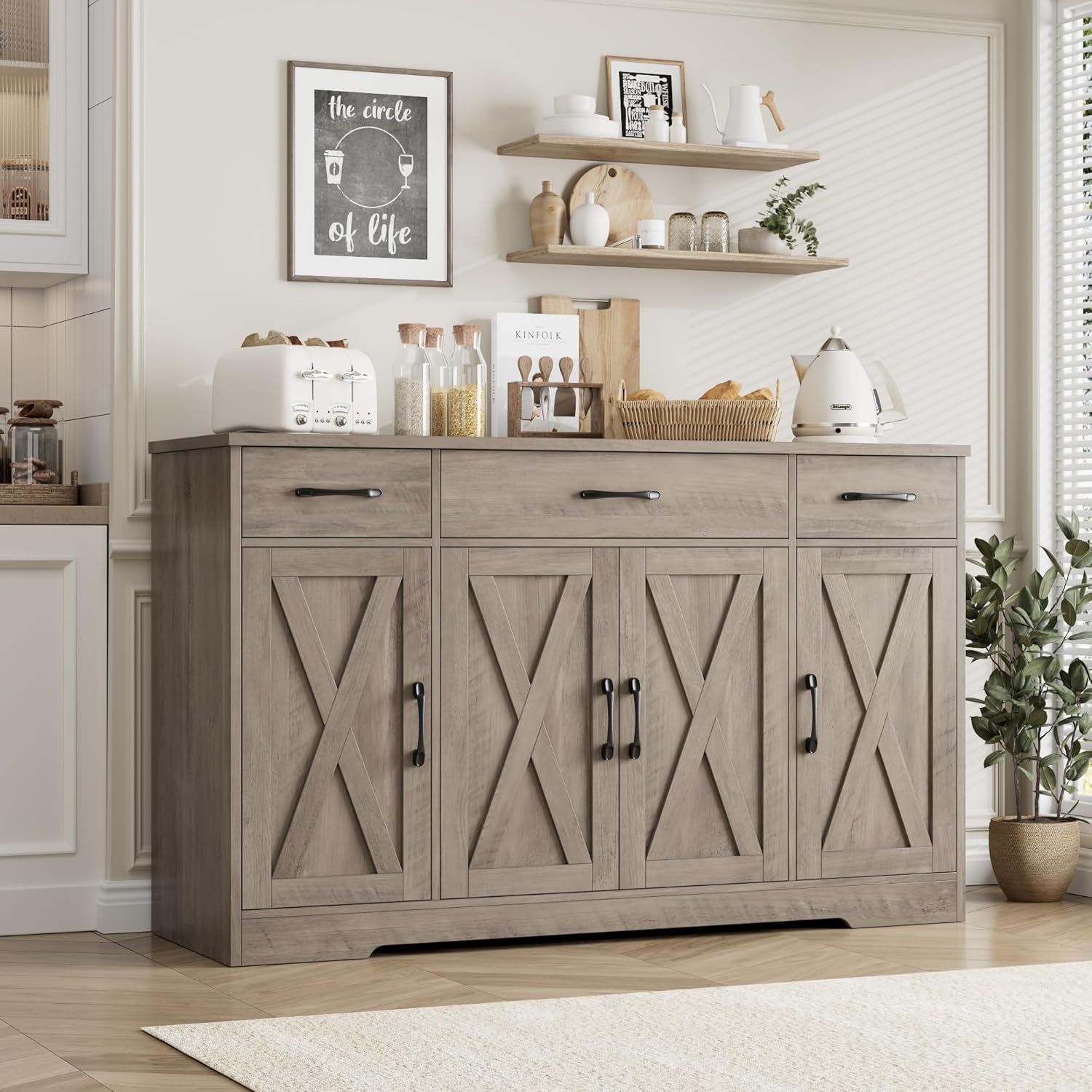 Sideboard with drawers, large 55-inch sideboard, sideboard storage with shelves and doors, modern farmhouse coffee bar wood kitchen dining table wourant