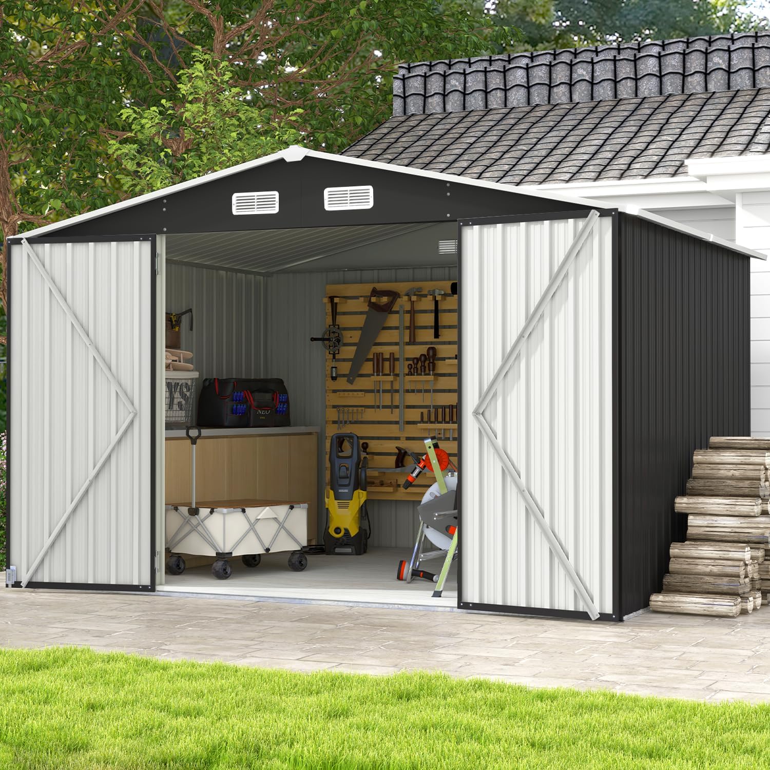 Aoxun 10 x 12FT Outdoor Storage Shed with Double Hinged Large Door Utility Garden Shed wourant