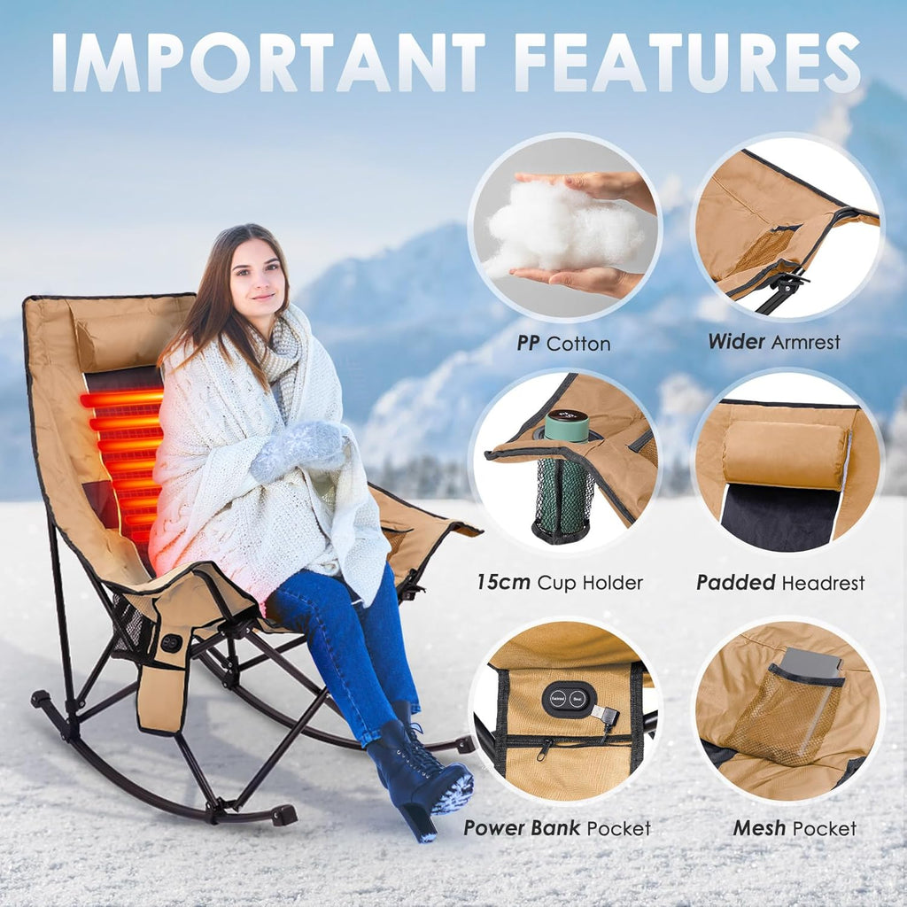 Heated Camping Chair, Extra Large Heated Chair Outdoor Sports Chair with 3 Heat Levels on Back and Seat, Portable Folding Heated Outdoor Chair (Batteries Not Included) wourant