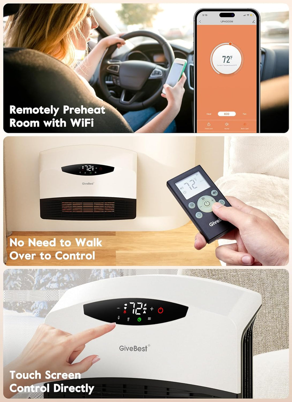 Wall mounted electric heater with WiFi and remote control, floor standing heater 1500W fast coverage for large rooms wourant