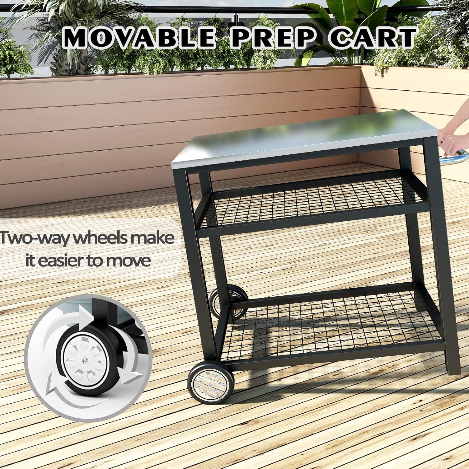Stainless Steel Outdoor Grill Cart Pizza Oven Stand Trolley Table with Wheels Three-Shelf Movable Food Prep and Work Table Heavy Duty Grill Carts Outdoor Cart 31.5"×24"×35.5" wourant
