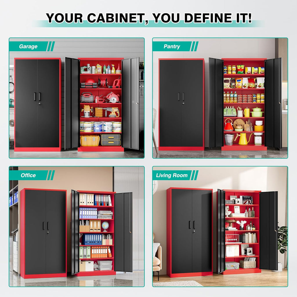 Metal Storage Cabinet with 2 Doors and 6 Shelves, Black Metal Cabinet with Lock, 71 Inch Lockable Garage Storage Cabinet wourant