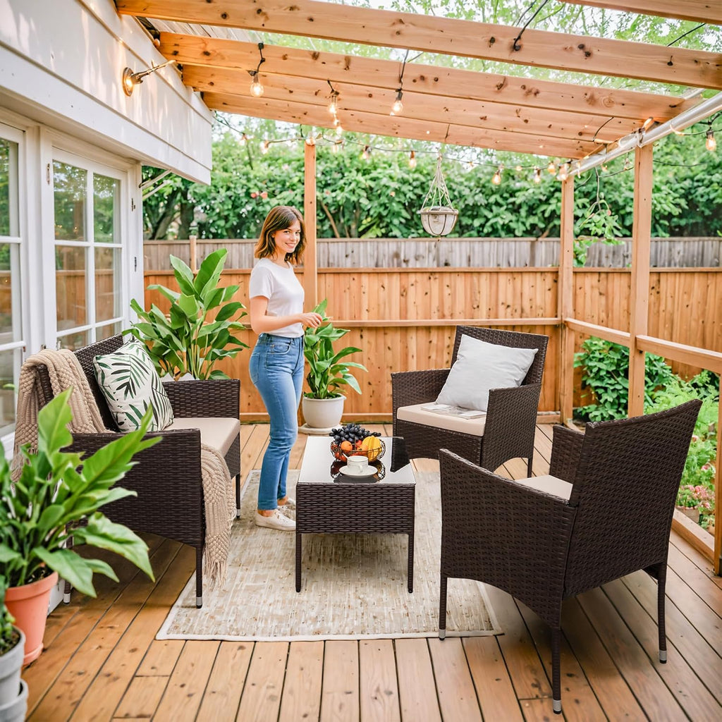 Homall 4 Pieces Outdoor Patio Furniture Sets Rattan Chair Wicker Set, Outdoor Indoor Use Backyard Porch Garden Poolside Balcony Furniture Sets Clearance (Brown and Beige) wourant