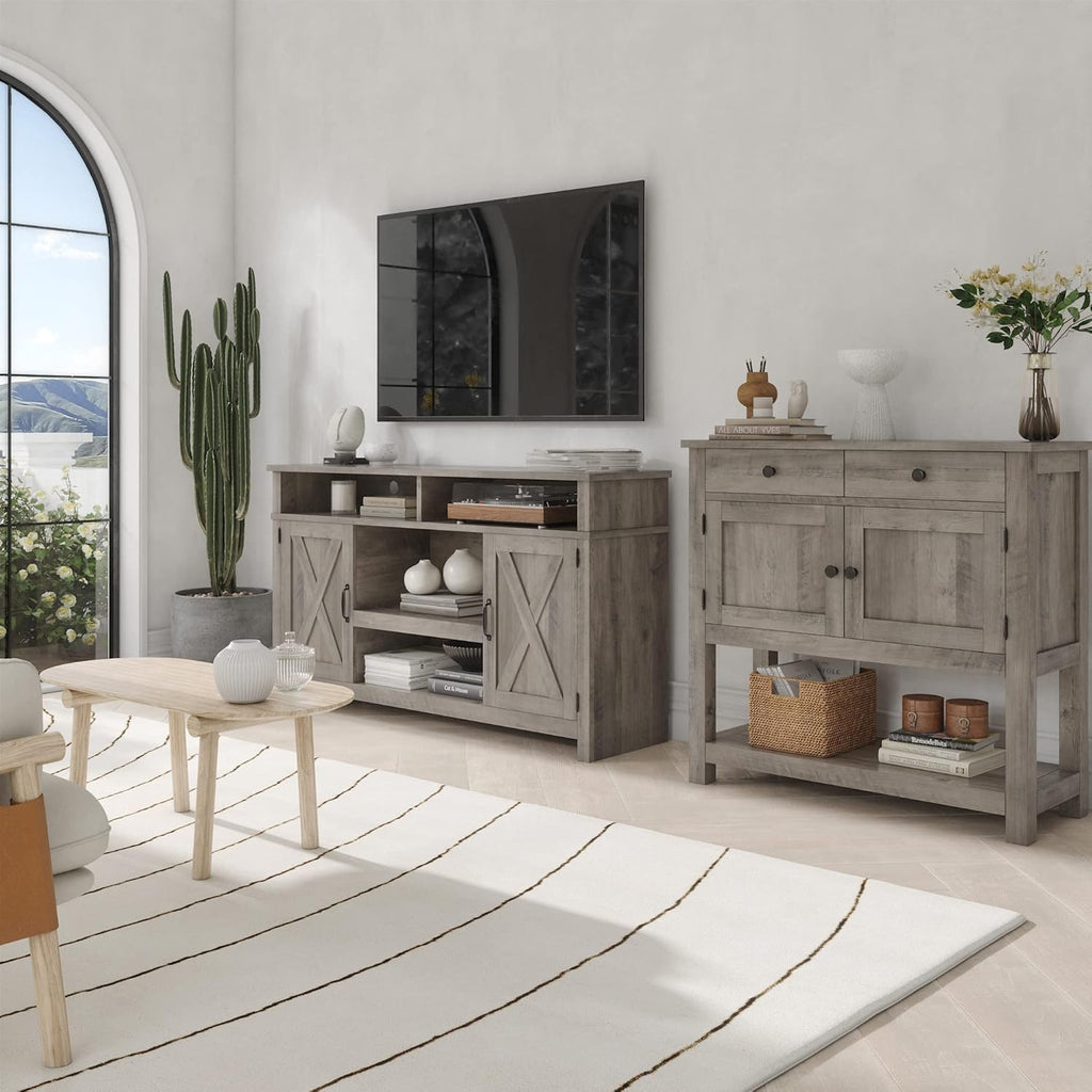 HOSTACK Farmhouse Console Table with 2-Door Cabinet & 2 Drawers, Coffee Bar, Entryway Table with Storage Shelf, Sofa Tables Buffet Sideboard for Kitchen, Hallway, Dining, Living Room, Rustic Brown wourant