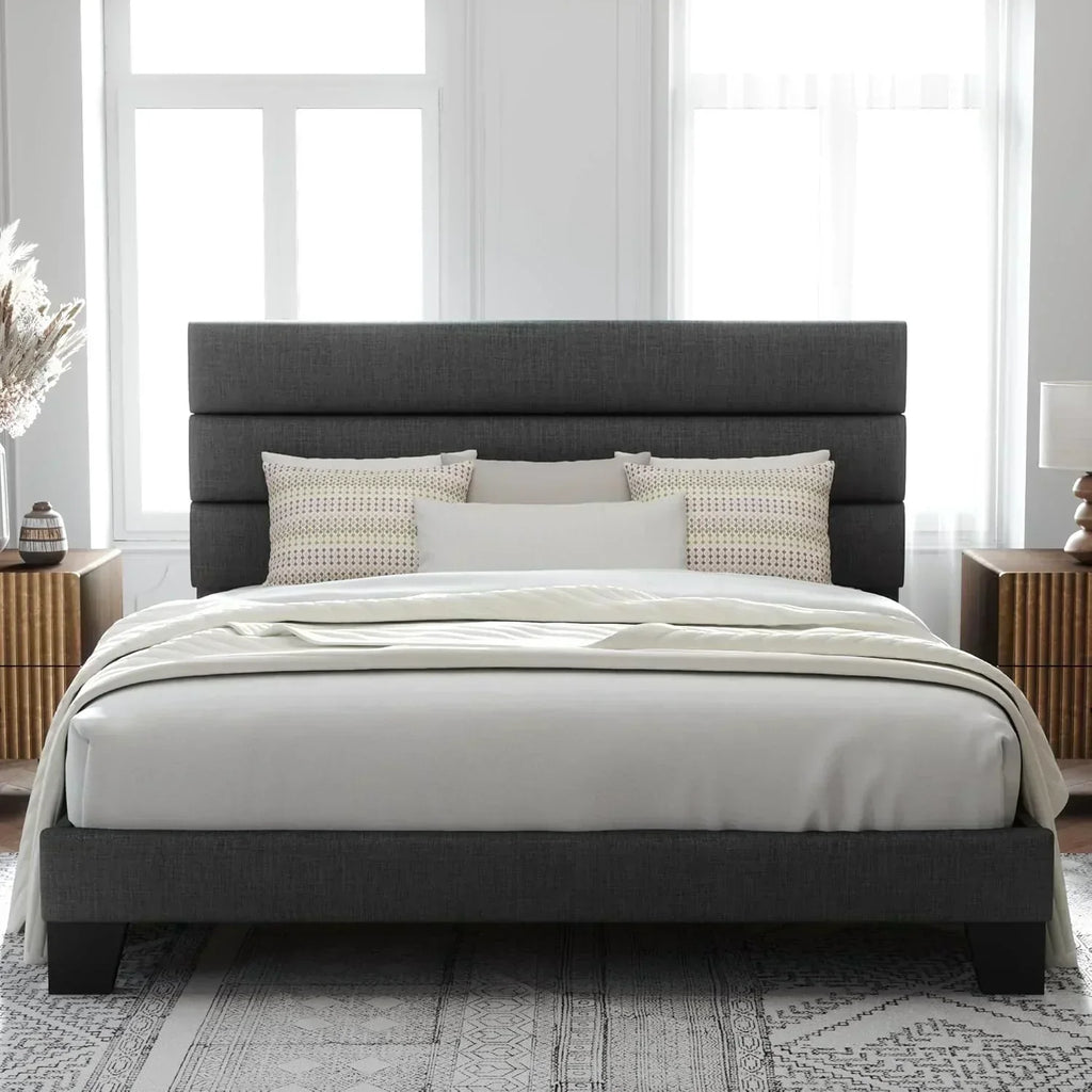 Allewie Queen Size Platform Bed Frame with Fabric Upholstered Headboard Wooden Slats Support wourant