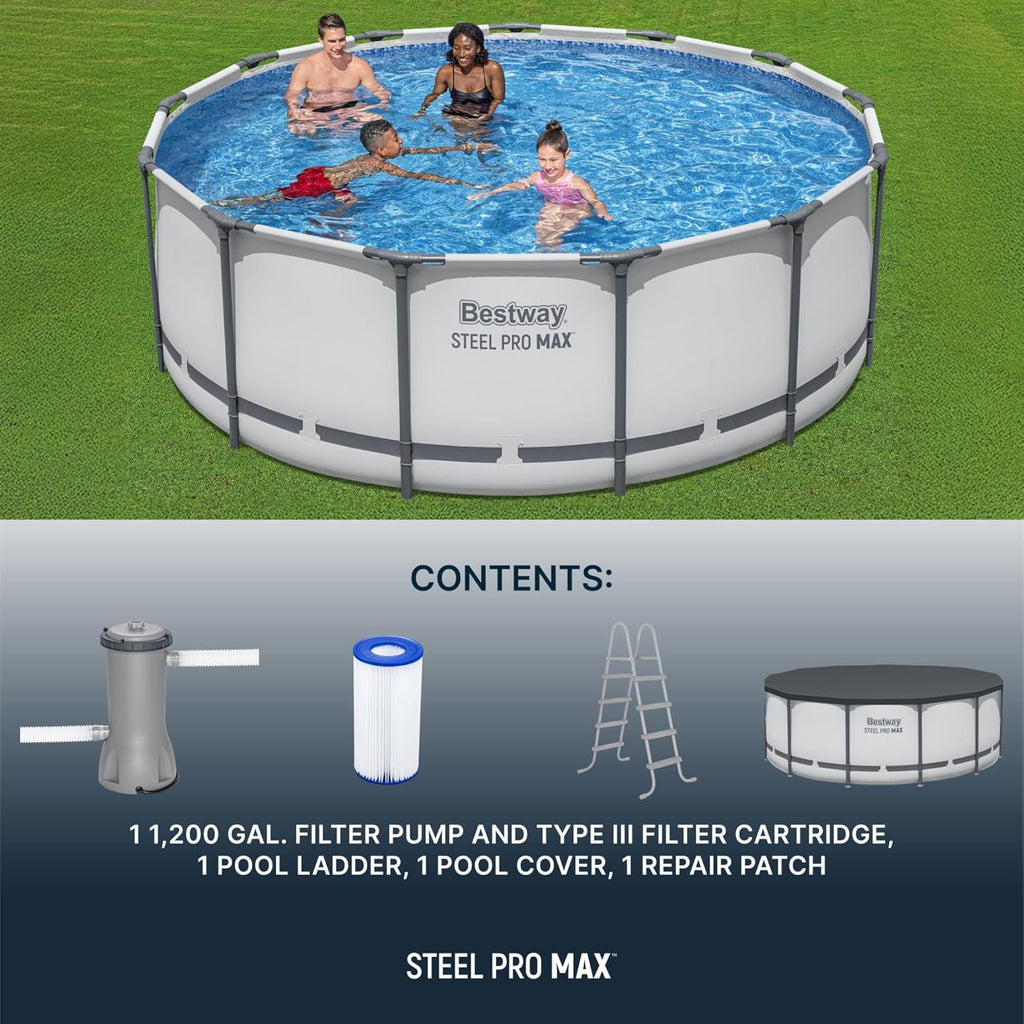 Steel Pro MAX 14 Foot x 48 Inch Round Metal Frame Above Ground Outdoor Swimming Pool Set with 1,000 Filter Pump, Ladder, and Cover, Gray wourant