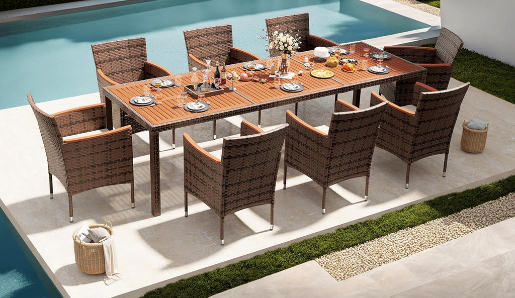 Devoko Dining 7 PCS Furniture Patio Conversation Set with Acacia Wood Table Top Rattan Outdoor wourant