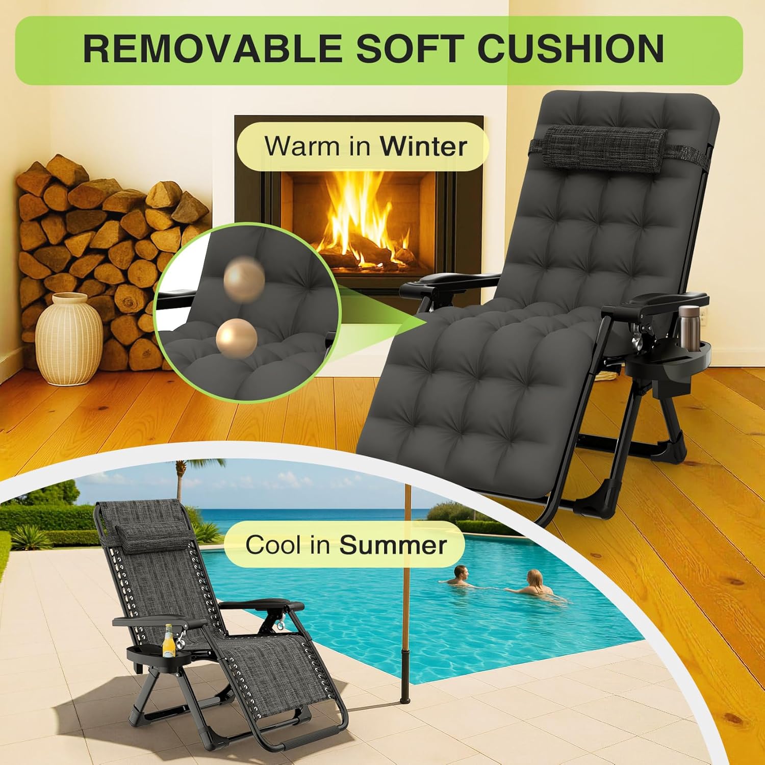 Indoor and outdoor patio chair folding lounge chair zero gravity chair with removable cushion camping lounge chair wourant