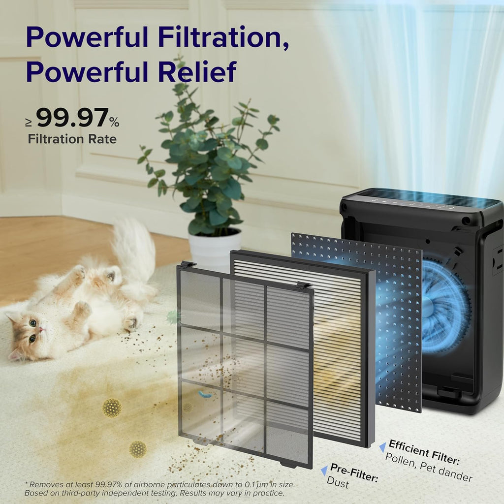Large-room air purifier for home use with air quality monitor, washable pre-filter, and pet-friendly wourant