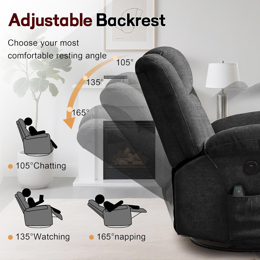 Rocker Recliner, Glider Recliner Chairs for Adults, 360° Swivel Rocking Chair with Massage and Heating, Nursery Chair with Storage and USB Charging for Living Room, Bedroom, Nursery wourant