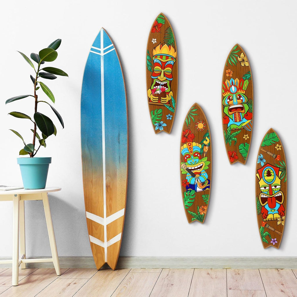 Blulu 4 Pcs Surfboard Wall Decor Surfboard Wall Hanging Sign Wooden Beach Decoration Summer Theme Decor Hawaiian Luau Party Decoration for Home Bar Aloha Tropical Birthday Party(Tiki) wourant