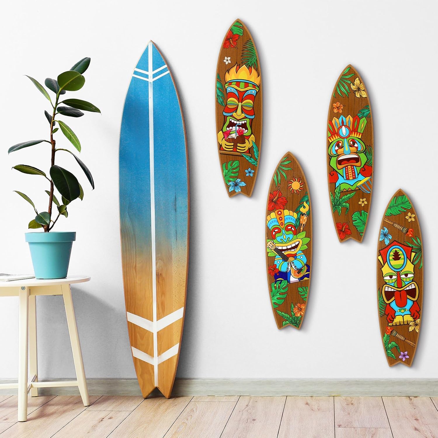 Blulu 4 Pcs Surfboard Wall Decor Surfboard Wall Hanging Sign Wooden Beach Decoration Summer Theme Decor Hawaiian Luau Party Decoration for Home Bar Aloha Tropical Birthday Party(Tiki) wourant