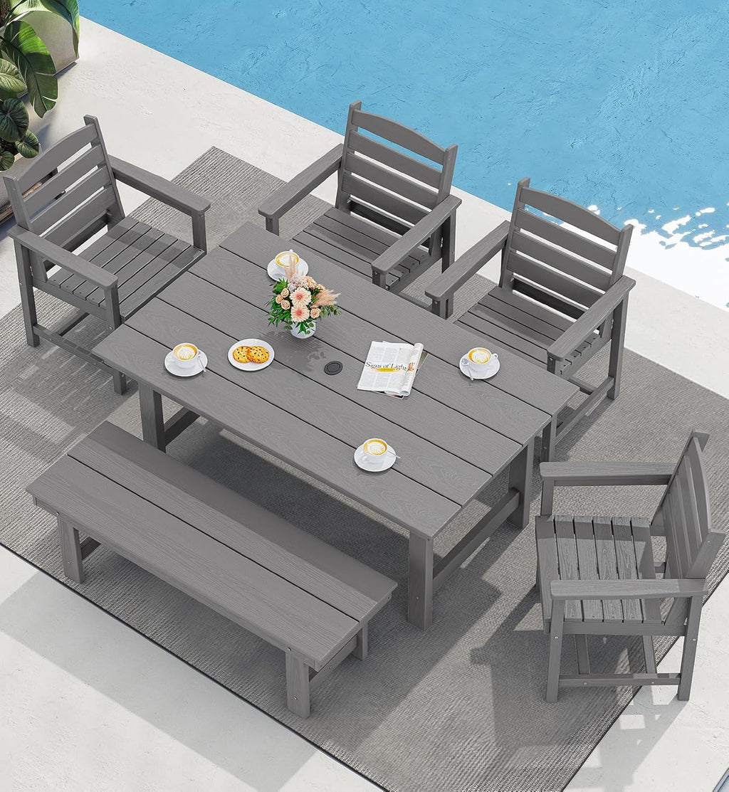 Outdoor HDPE Dining Table Set, 7-Piece Outdoor Dining Table Sets with Umbrella Hole Cut-Out Table and 6 Chairs wourant