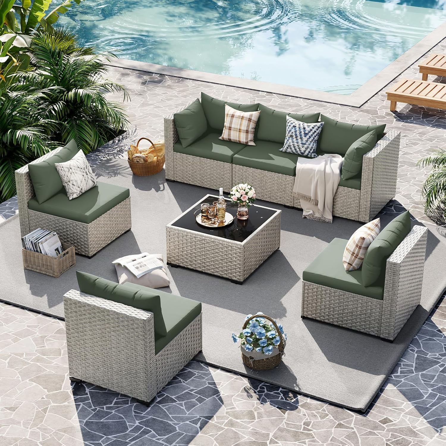 UDPATIO Outdoor Patio Furniture Set, 7-Piece PE Wicker Sectional Sofa with Tea Table, Outdoor Conversation Set wourant