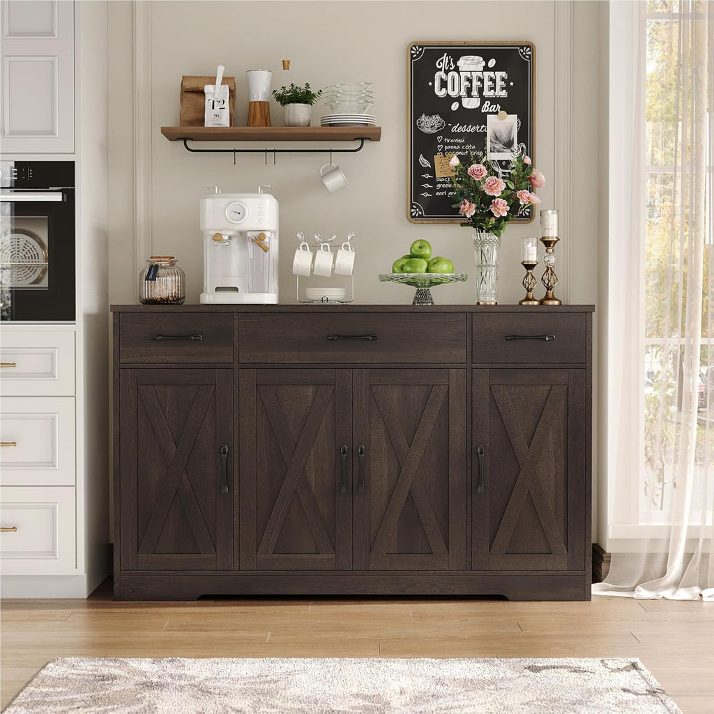 Sideboard with drawers, large 55-inch sideboard, sideboard storage with shelves and doors, modern farmhouse coffee bar wood kitchen dining table wourant
