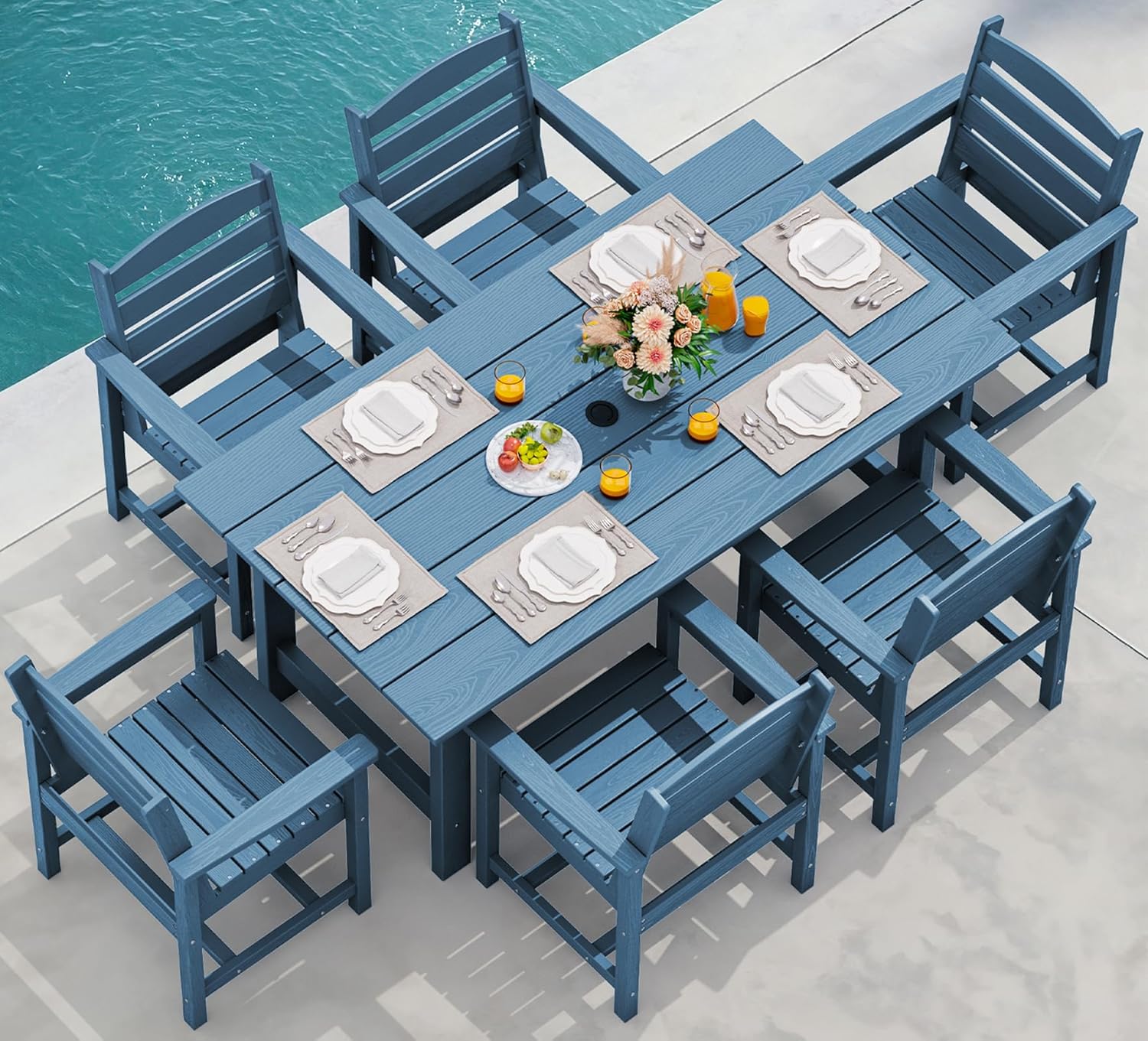 Outdoor HDPE Dining Table Set, 7-Piece Outdoor Dining Table Sets with Umbrella Hole Cut-Out Table and 6 Chairs wourant