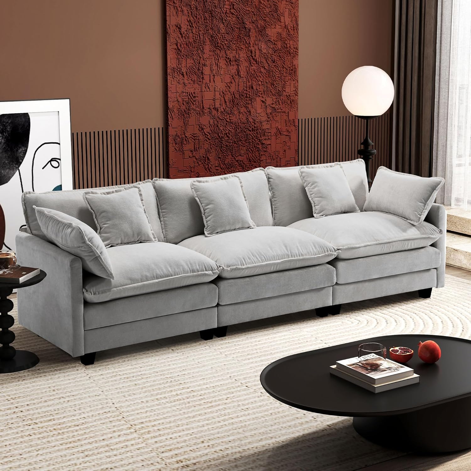 Ihanherry 146" U-Shaped Modern Sofa Modular Sectional Cloud Couch with 2 Ottoman, 6-Seat Chenille Deep Seat Sofa with 6 Pillows for Living Room, Bedroom and Apartment, Grey wourant