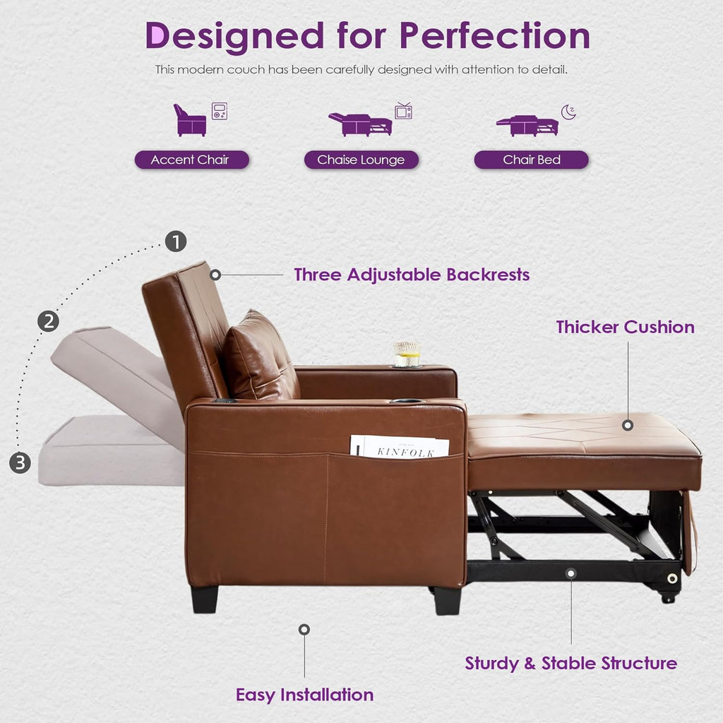 Adult Convertible Sleeper Chair Bed, 3-in-1 Pull-Out Sofa Bed with USB/Type-C Ports, Cup Holders, Side Pockets, Single Sofa wourant
