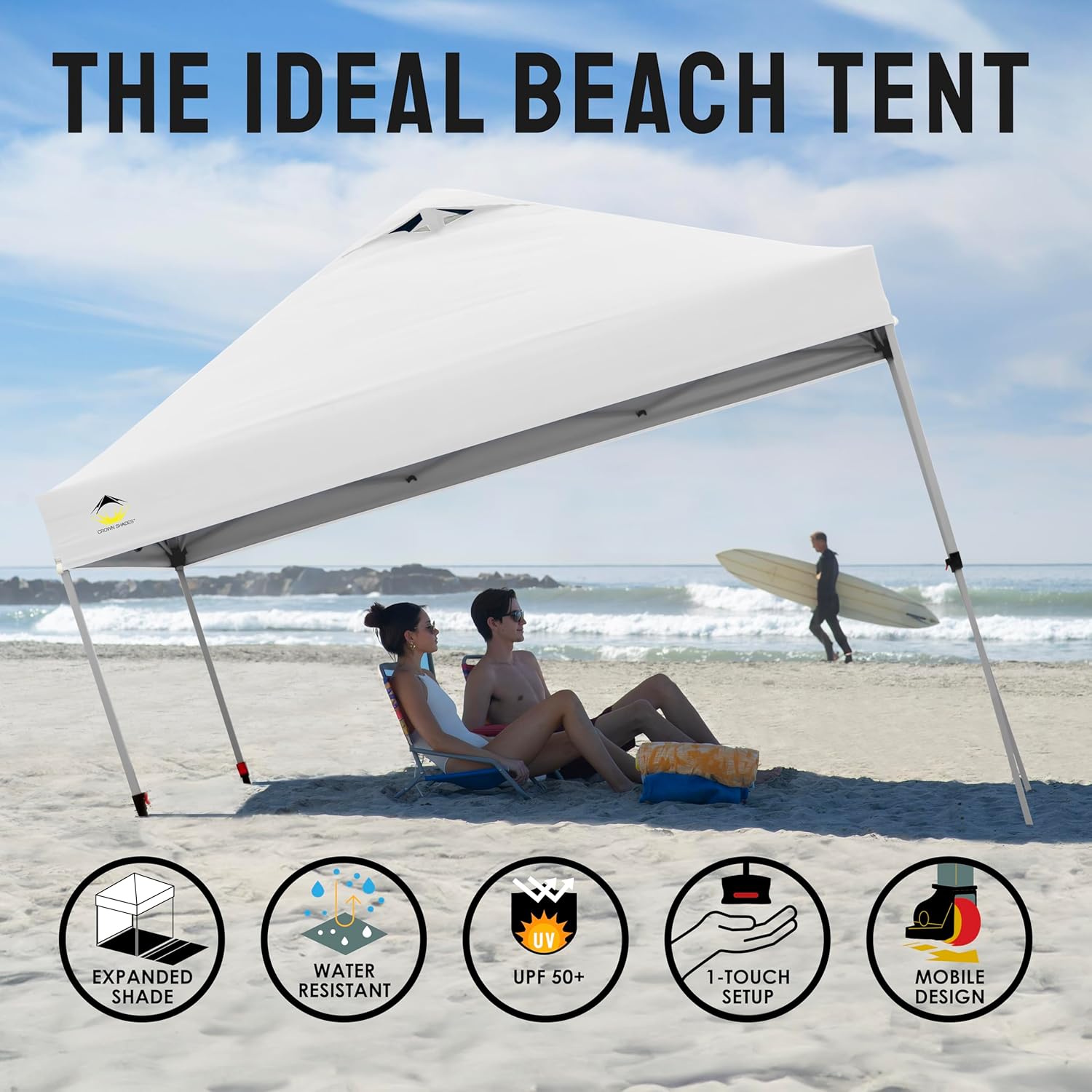 10x10 Pop-Up Awning - One-Click Installation Beach Tent - Outdoor Sunshade Silver Coated Top, 3 Heights and 4 Sand Pockets wourant