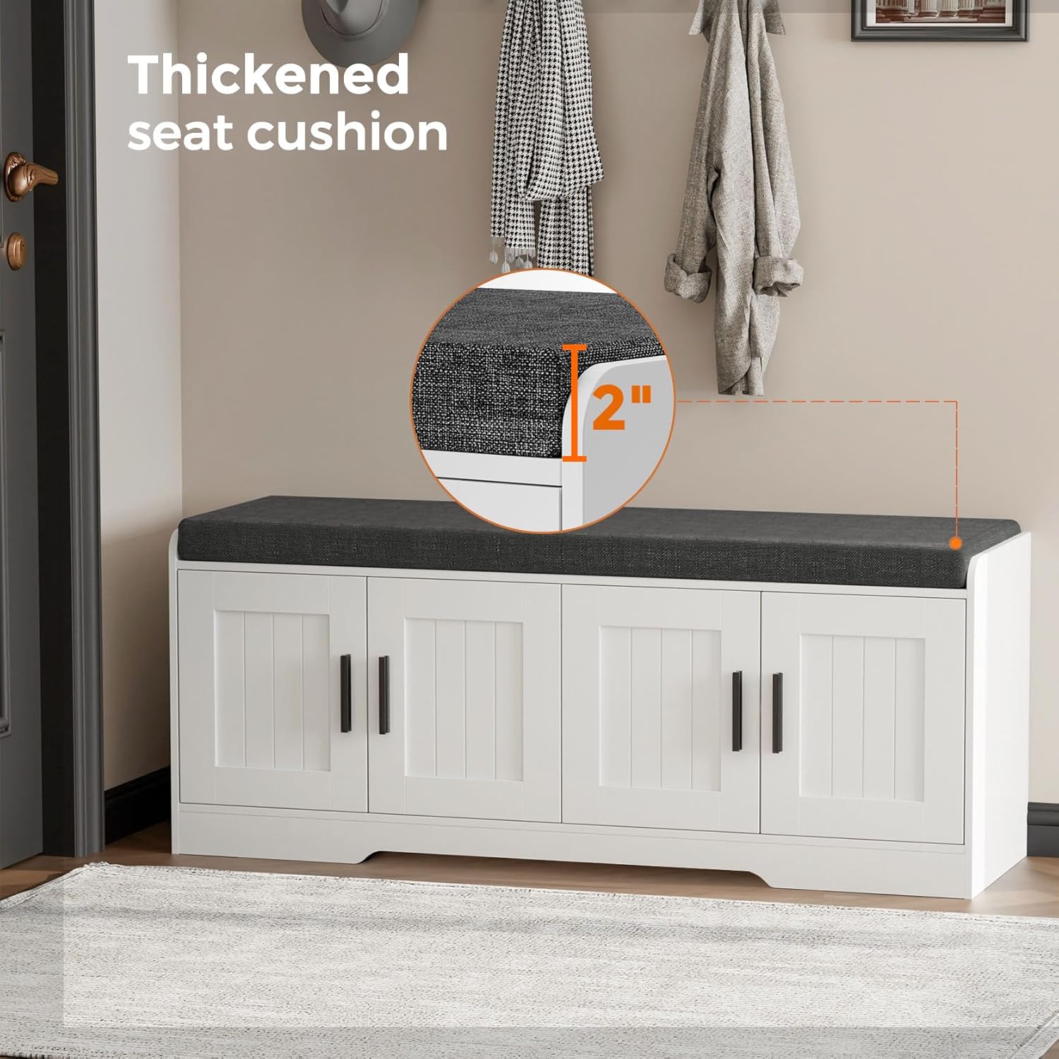 2-Tier Storage Bench, Shoe Bench with Thickened Padded Seat Cushion, Entryway Bench with 4 Doors, Adjustable Shelf, 13.8" D x 45.3" W x 18.5" H, for Entryway, Living Room, Bedroom, White wourant
