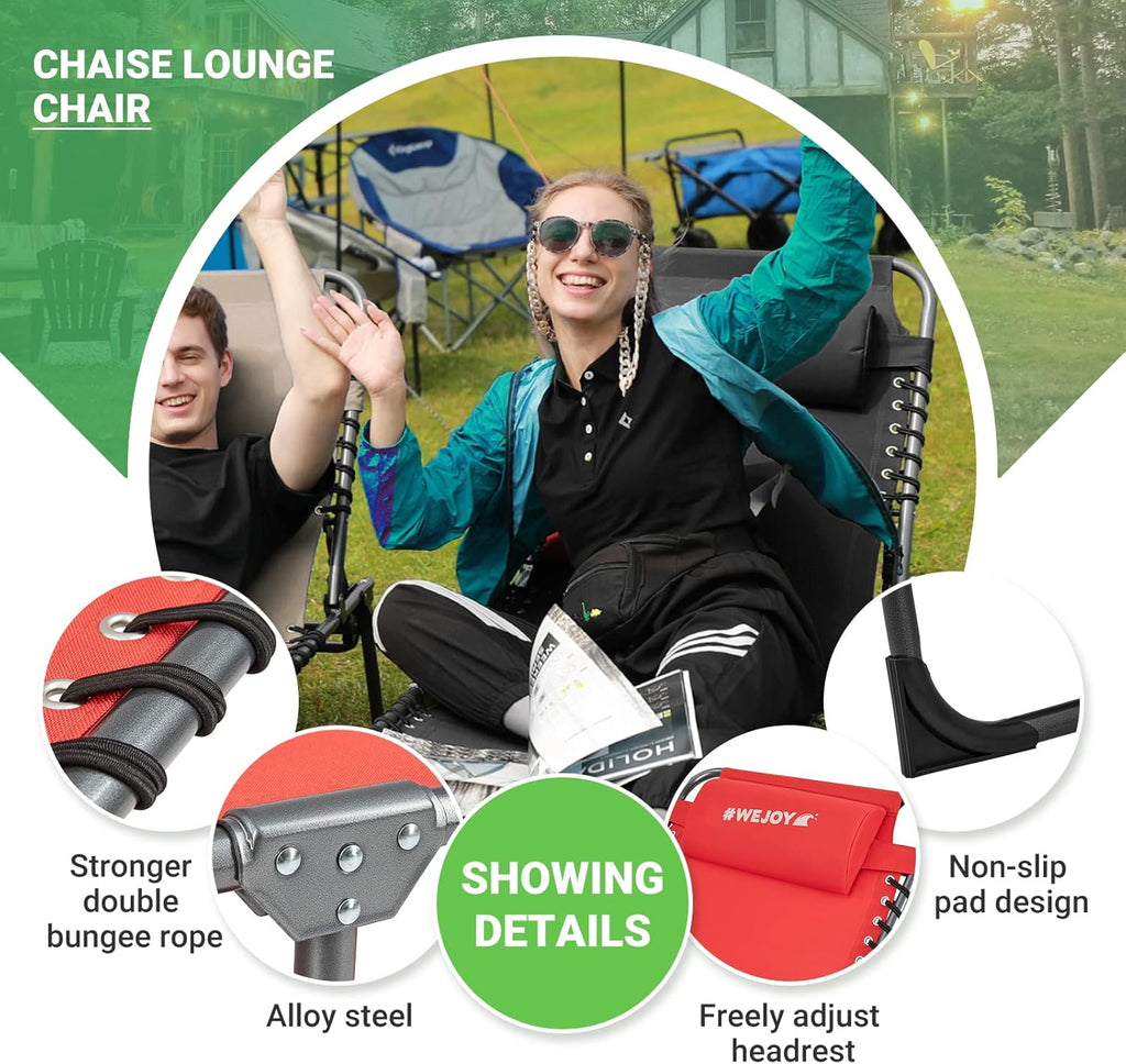 2 Pack Outdoor Chaise Lounge Chair - Portable Folding Patio Pool Lounge Chair, 5 Positions Adjustable Reclining Camping Chair with Side Table,Shoulder Strap, Pillow for Beach Sunbathing Lawn wourant