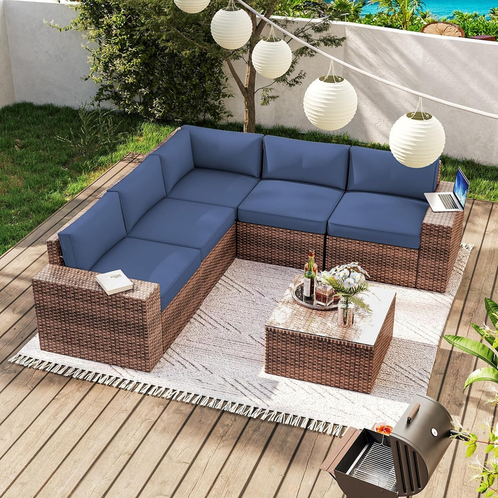 Aoxun 8 Piece Patio Furniture Set with 44?Fire Pit Table Wicker Rattan Outdoor Sectional Sofa Set with Coffee Table and Thickened Cushions, Beige (Waterproof Cover Included) woonhhop