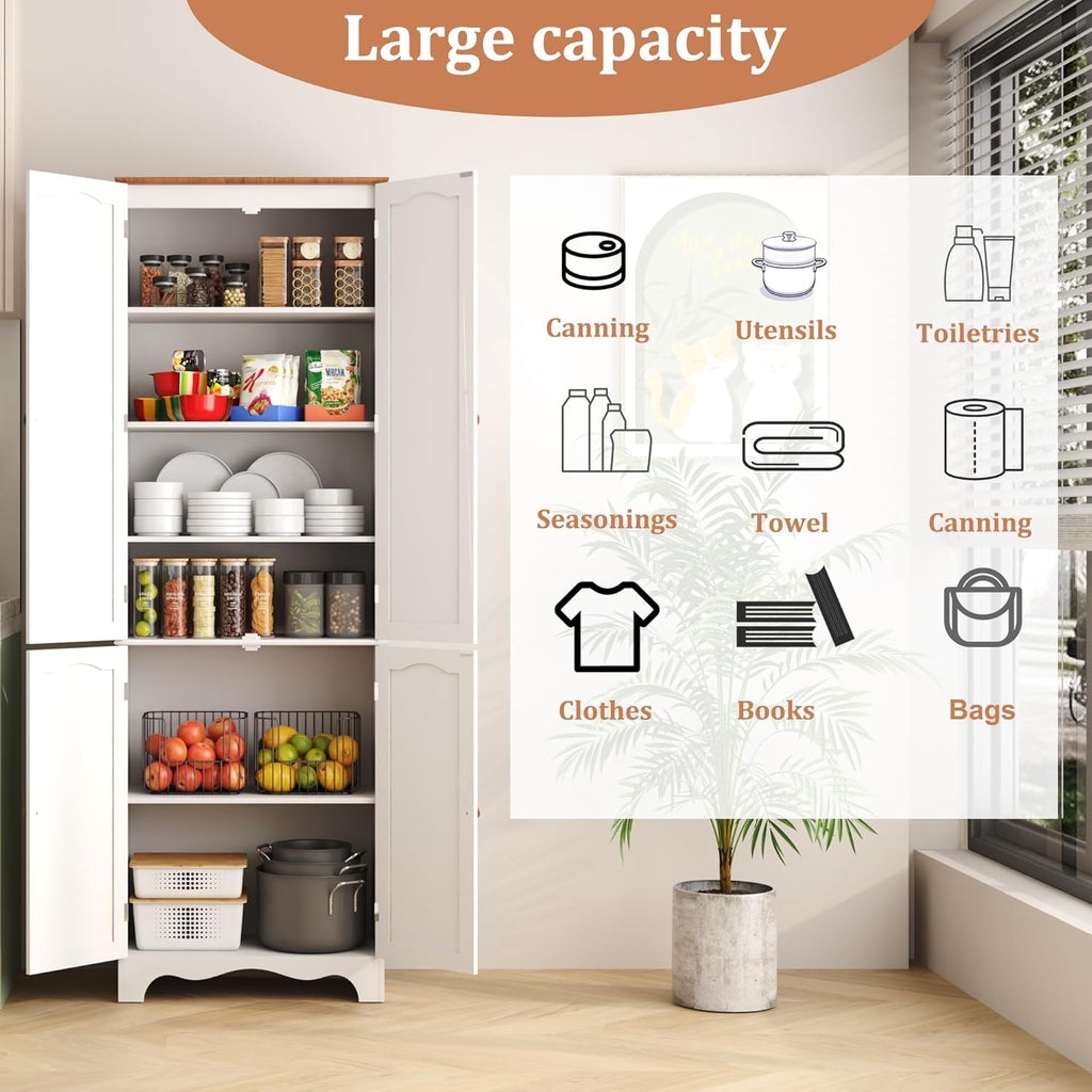 Tall Pantry Cabinet, Freestanding Storage Cabinet, Wooden Kitchen Pantry with 4 Doors and 5 Shelves, 72" Floor Cabinet Organizer wourant