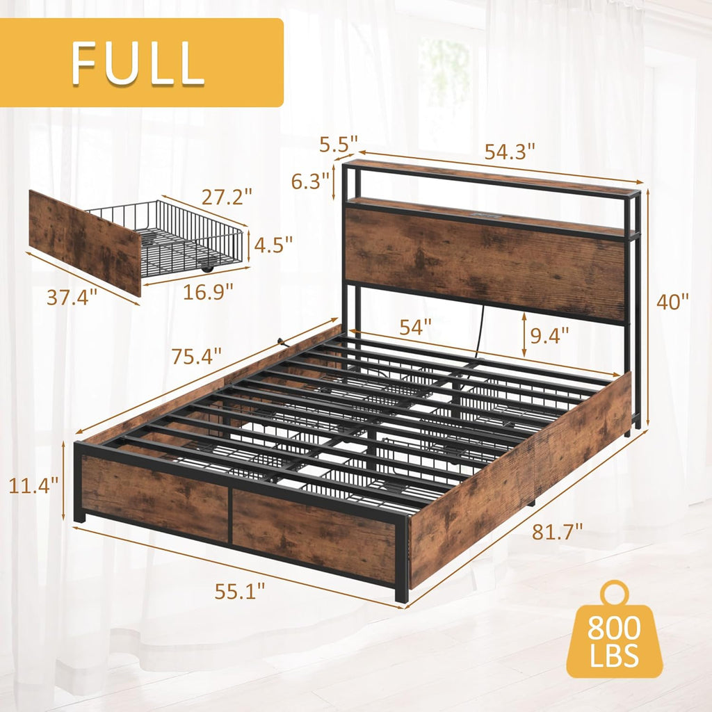 Lifezone Queen Bed Frame with 2-Tier Storage Headboard, Metal Platform Bed Frame with 4 Storage Drawers, Built in Charging Station & LED, Noise-Free/Metal Support/No Box Spring Needed wourant