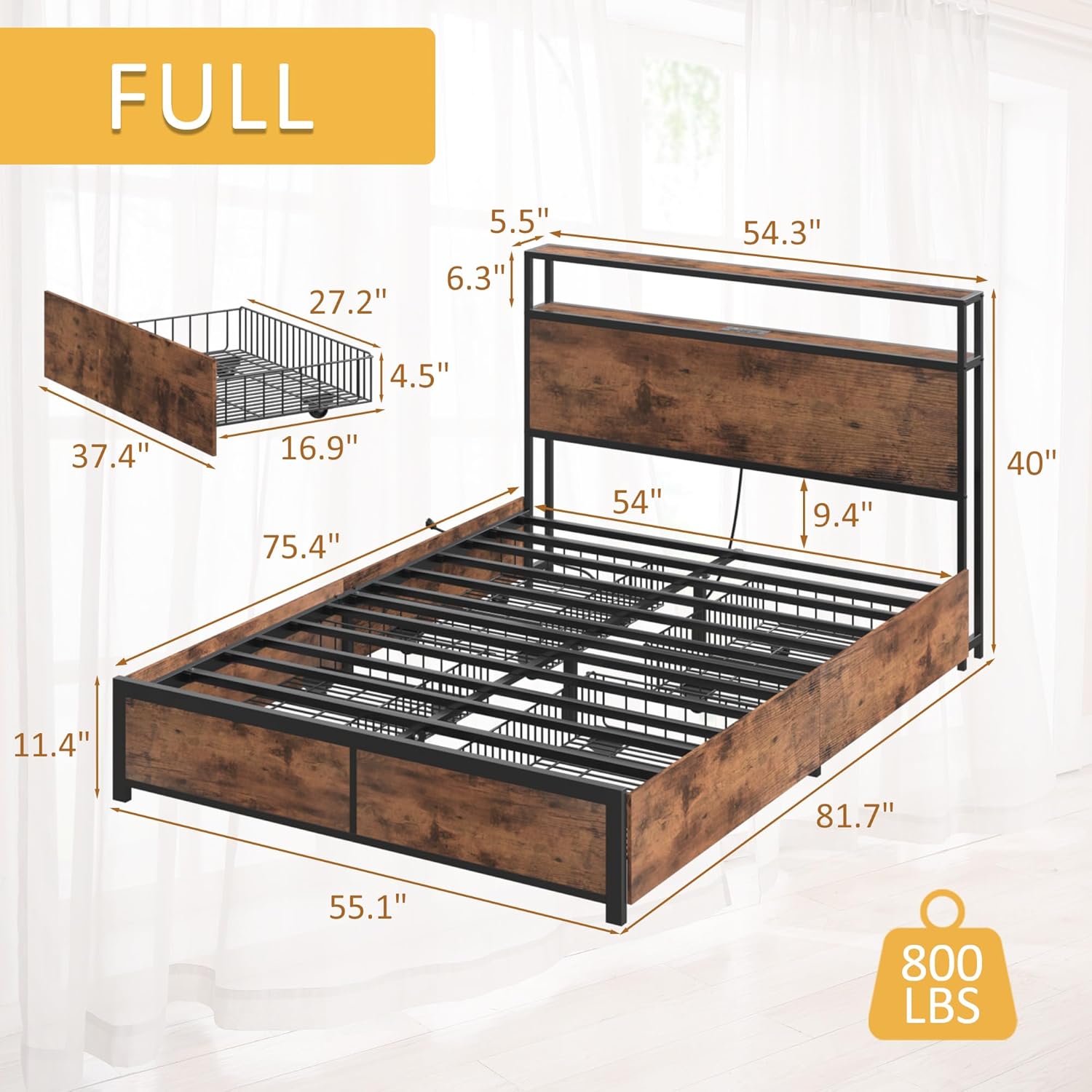 Lifezone Queen Bed Frame with 2-Tier Storage Headboard, Metal Platform Bed Frame with 4 Storage Drawers, Built in Charging Station & LED, Noise-Free/Metal Support/No Box Spring Needed wourant
