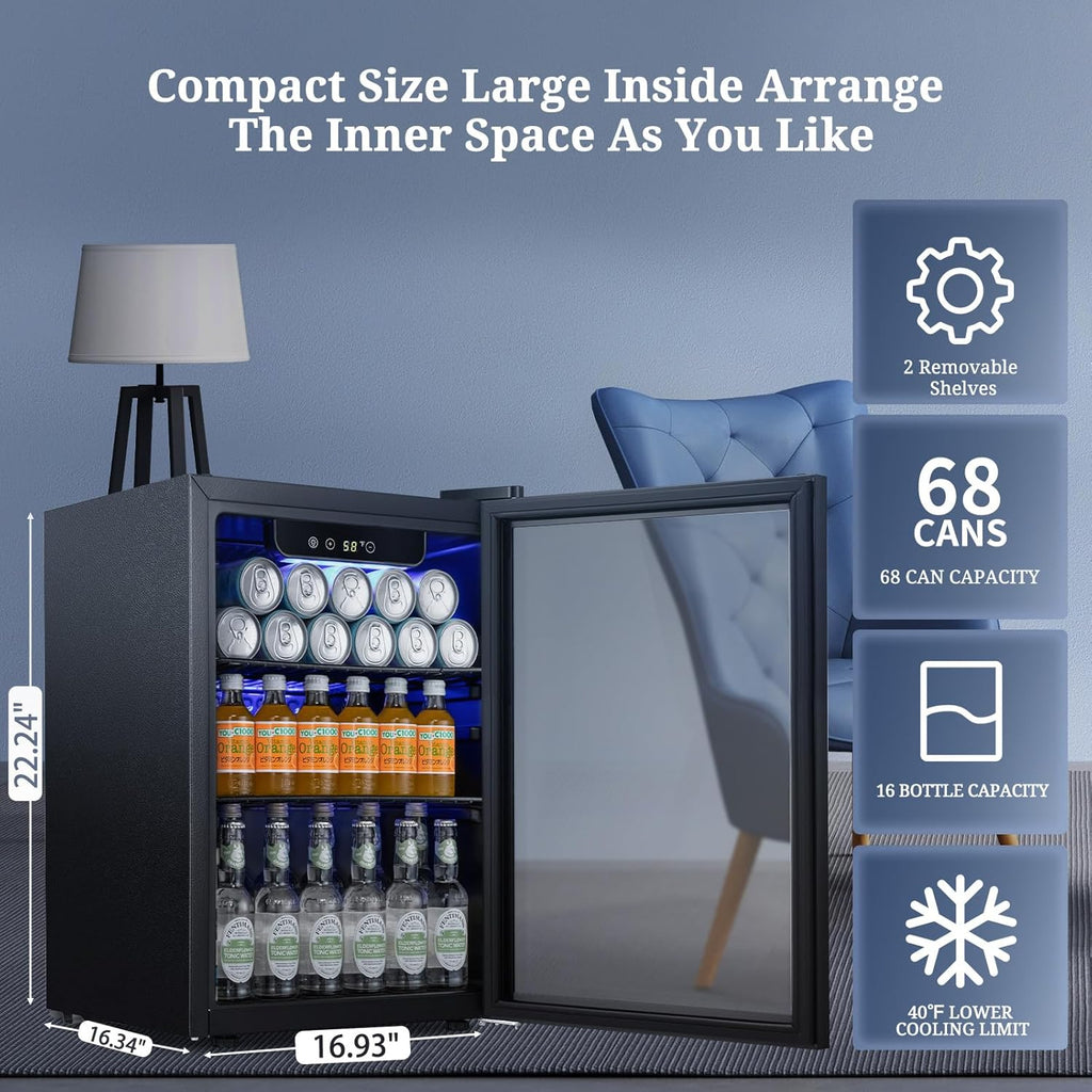 Antarctic Star Beverage Refrigerator Cooler 68 Can, Mini Fridge with Glass Door for Beer Drinks Wine,Freestanding Small Fridge with Electronic Temperature Control for Home and Bar,1.7 cu.ft wourant