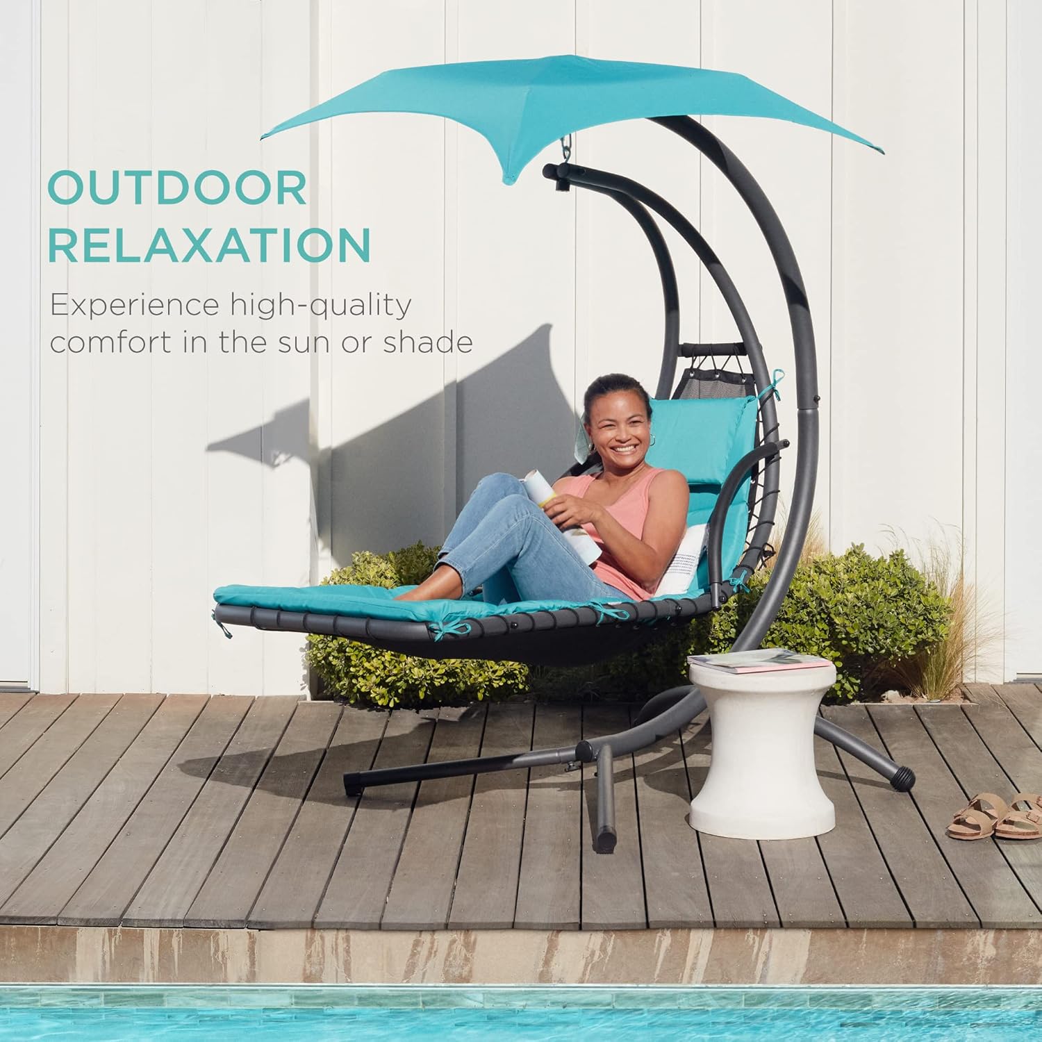 Best Choice Products Outdoor Hanging Curved Steel Chaise Lounge Chair Swing w/Built-in Pillow and Removable Canopy - Charcoal Gray wourant