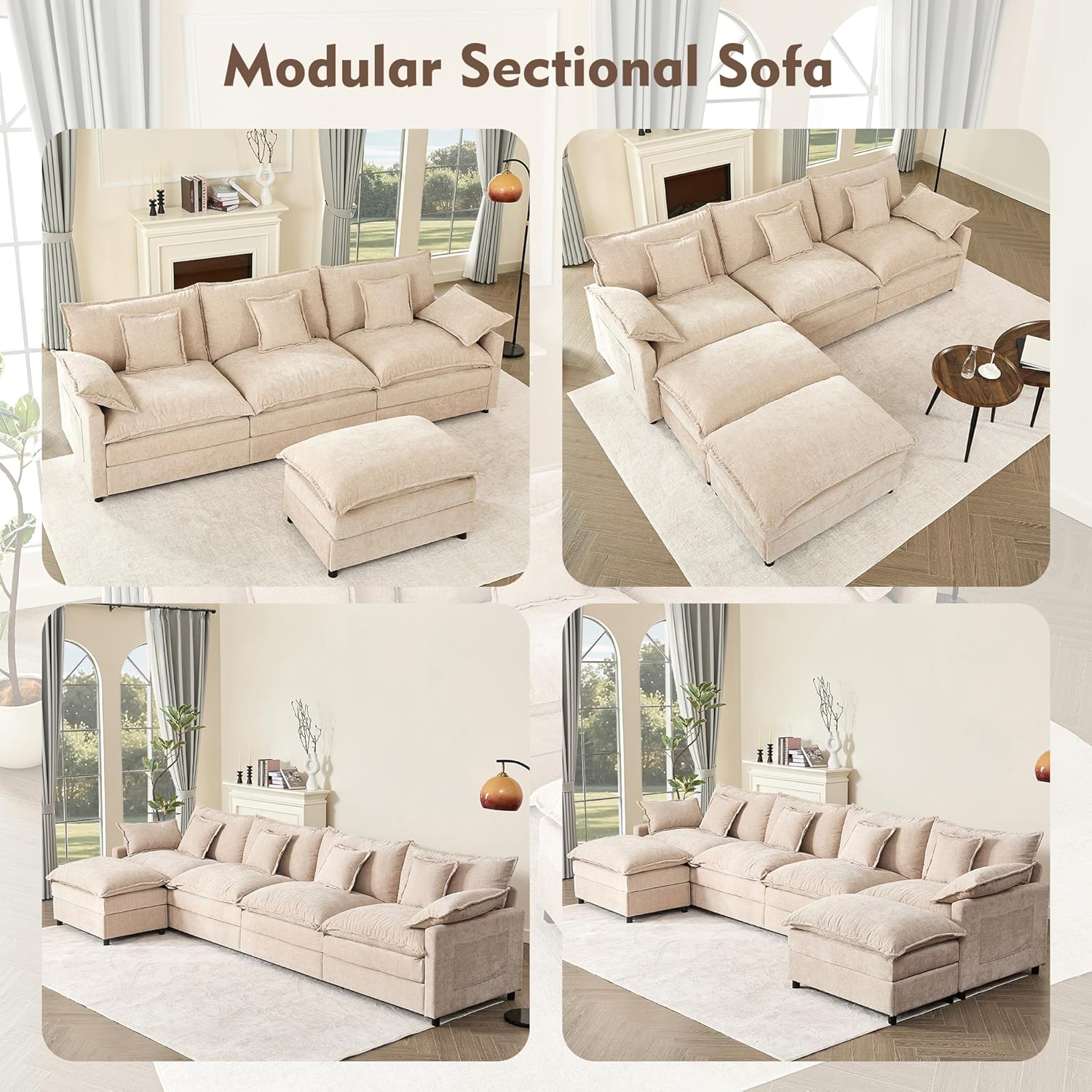 108 Inch U Shape Sofa Sectional Sofa Comfortable Cloud Sofa with Removable Footstool wourant