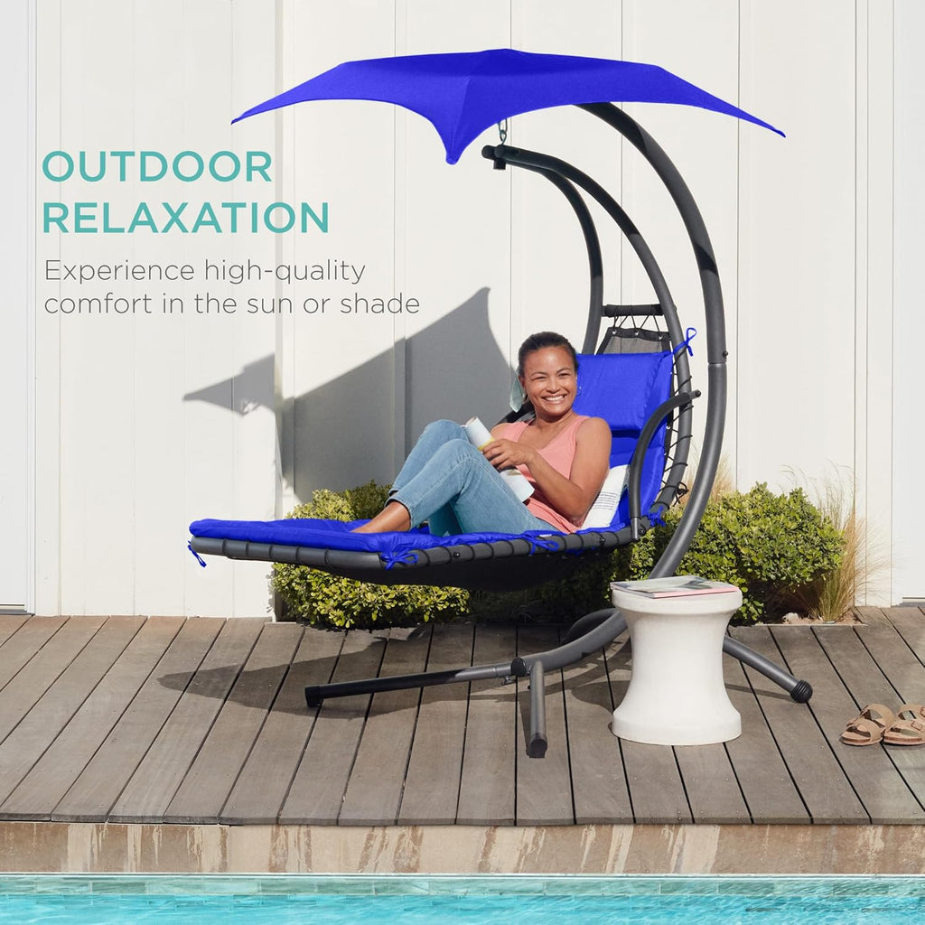 Best Choice Products Outdoor Hanging Curved Steel Chaise Lounge Chair Swing w/Built-in Pillow and Removable Canopy - Charcoal Gray wourant