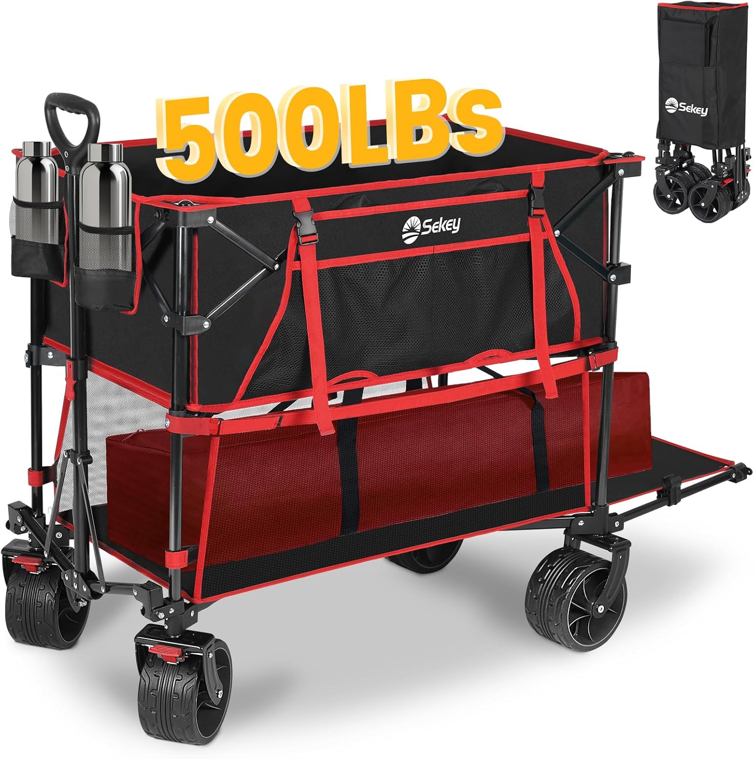 400L Large Capacity Folding Double Decker Wagon with Brakes, 50" Extra Long Extender Cart, 500lbs Heavy Duty Collapsible Wagons wourant
